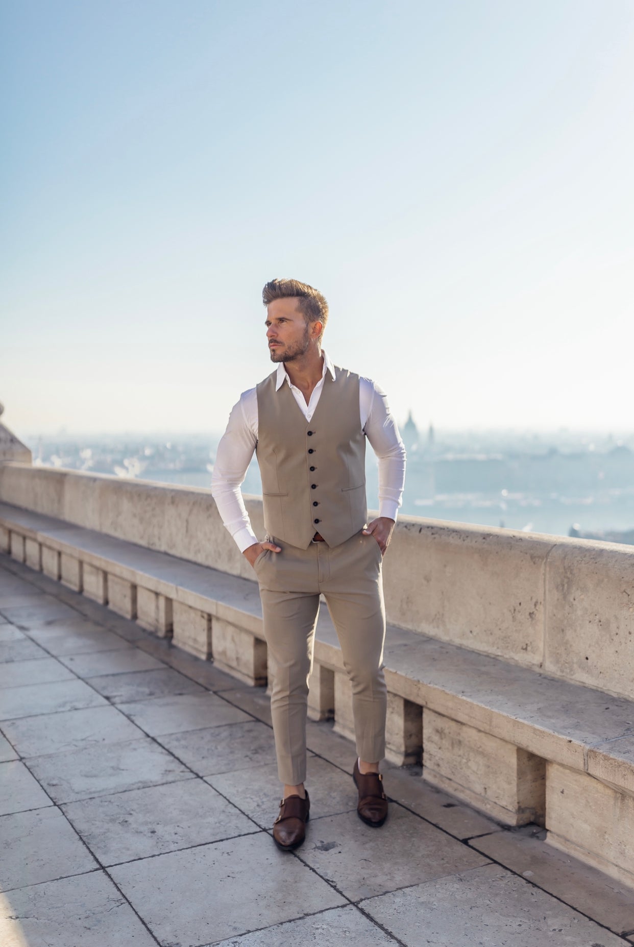 Slim Formal Beige Stretch Trousers - FST003