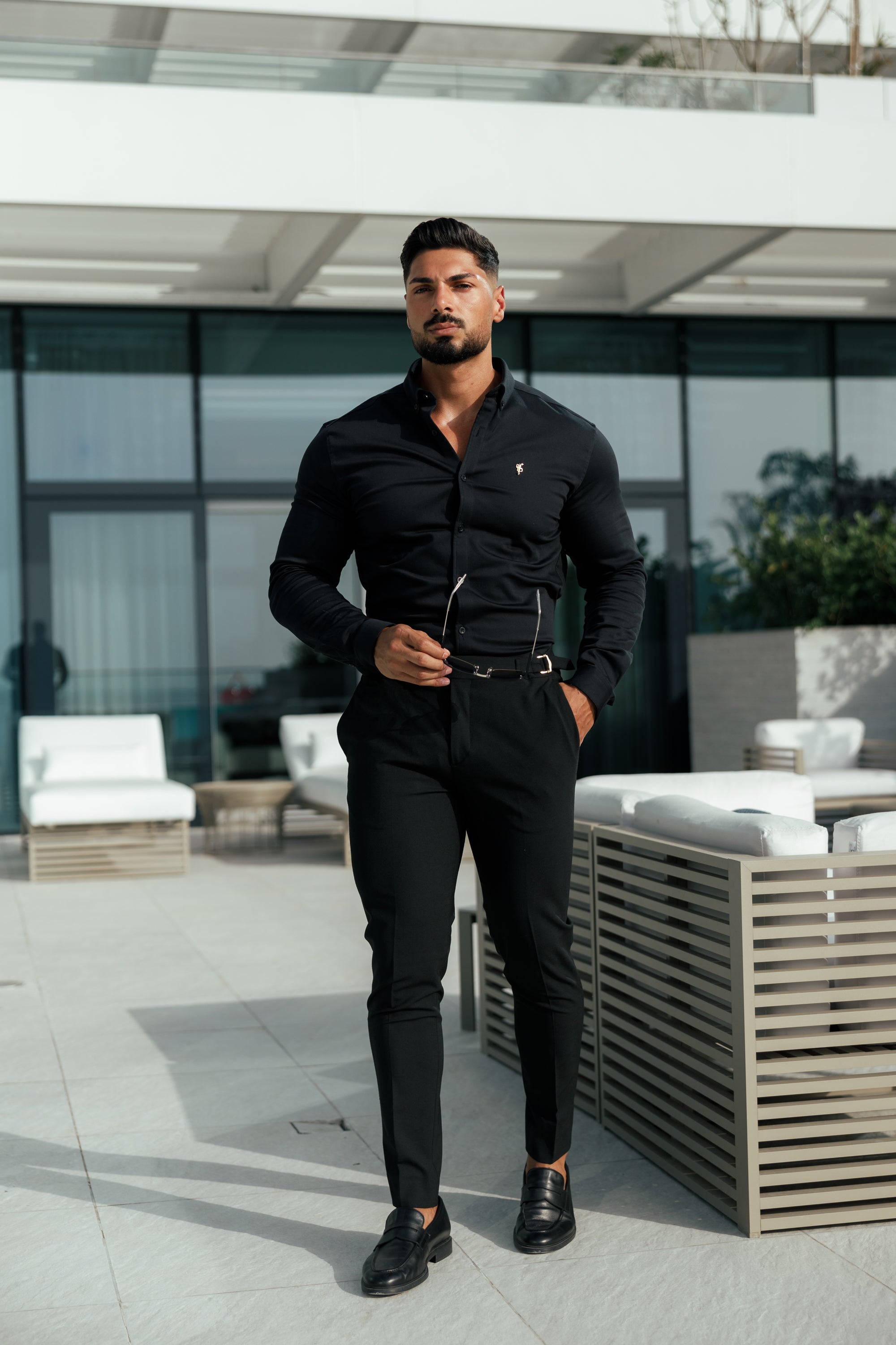 Slim Formal Black Stretch Trousers With Gold Waist Adjusters - FST018