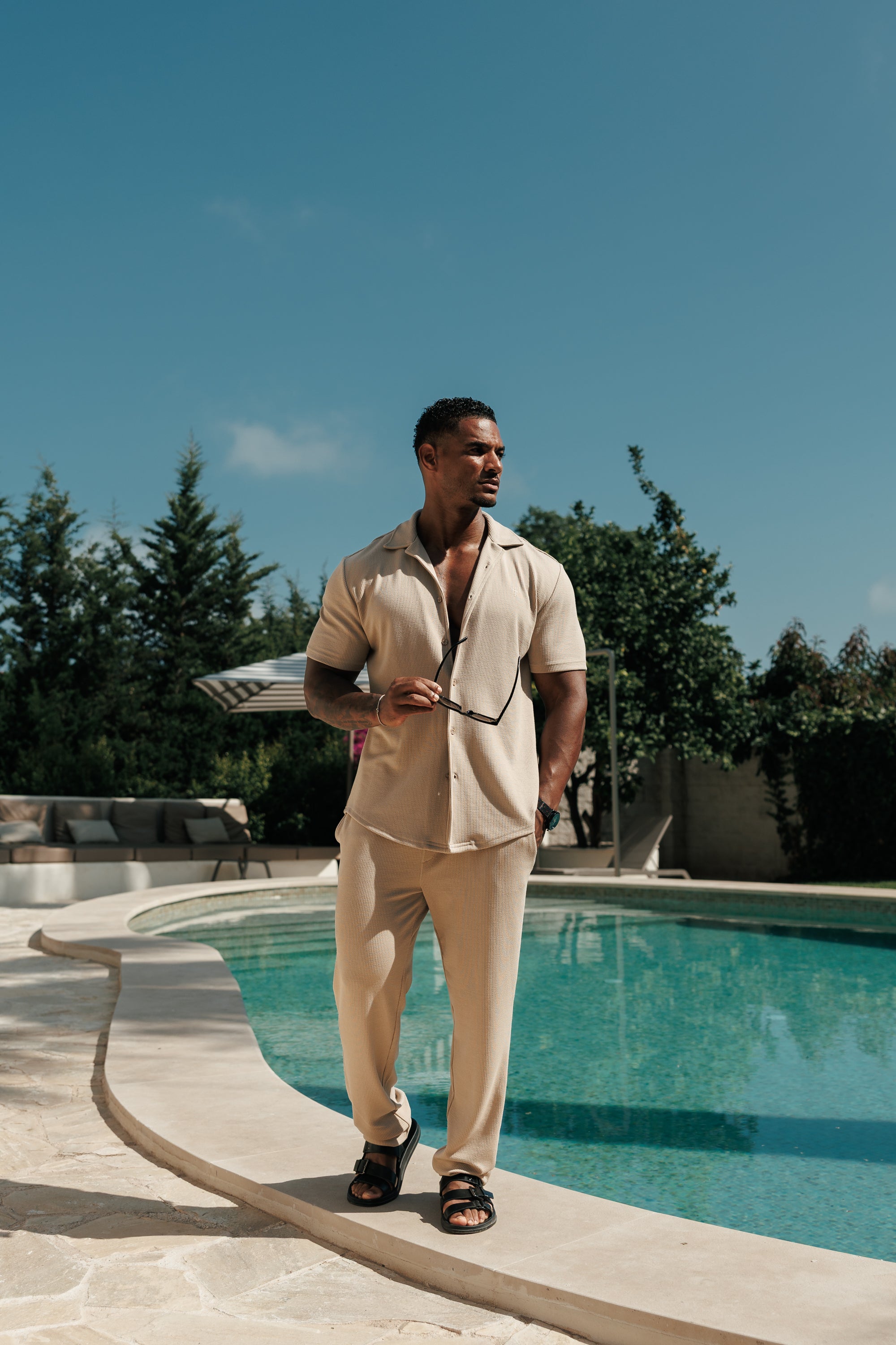 Jersey Cord Stretch Beige Revere Shirt Short Sleeve - FSR073