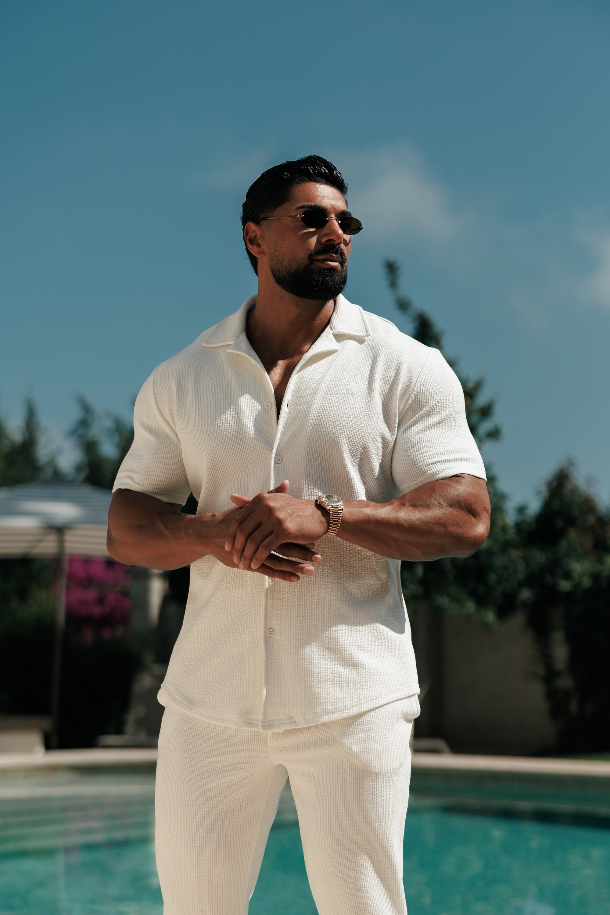Jersey Cord Stretch White Revere Shirt Short Sleeve - FSR069 (PRE ORDER 18TH JULY)