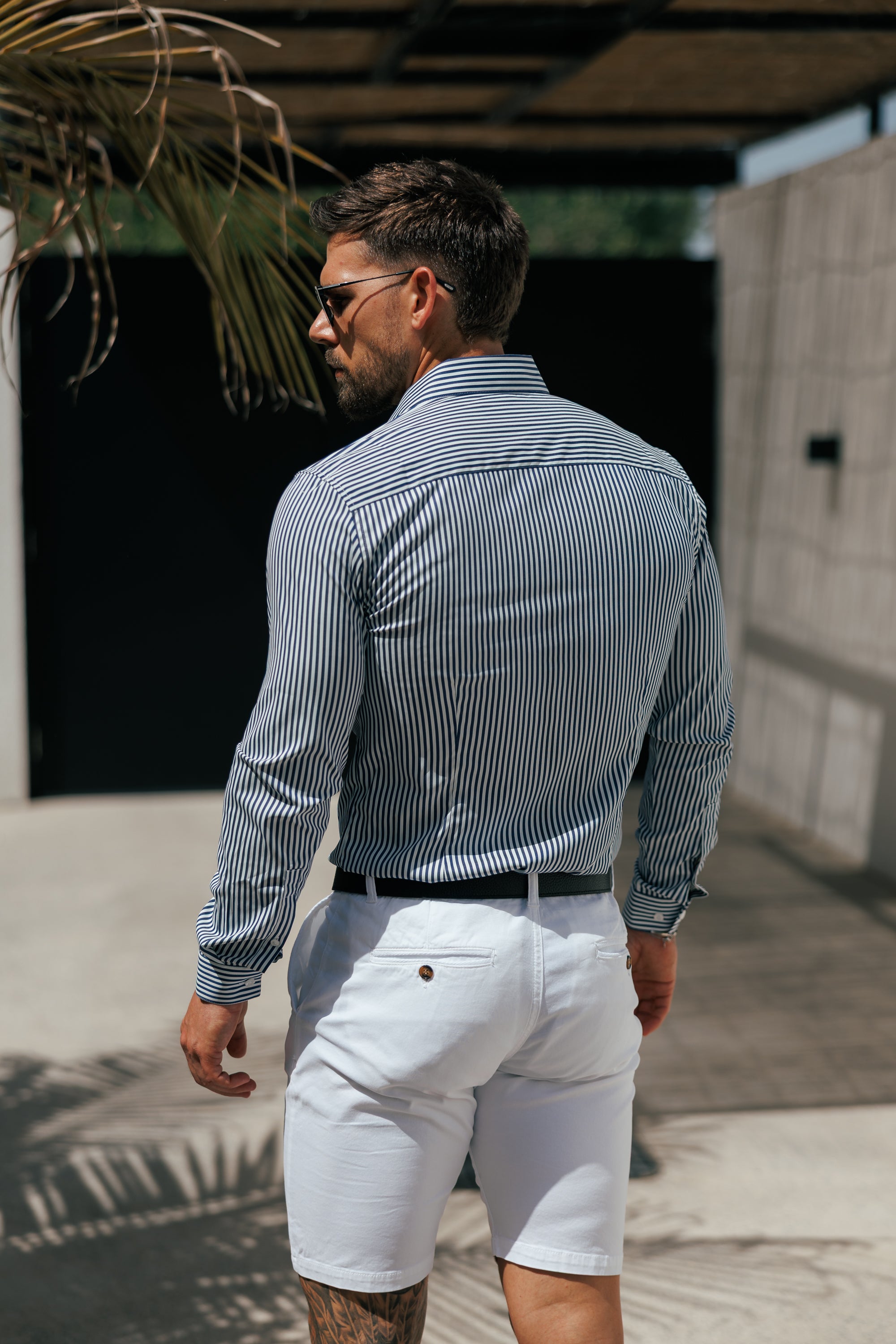 Super Slim Stretch Sateen Touch White / Navy Single Stripe Long Sleeve  -  FS1285 (PRE-ORDER 28TH AUGUST)