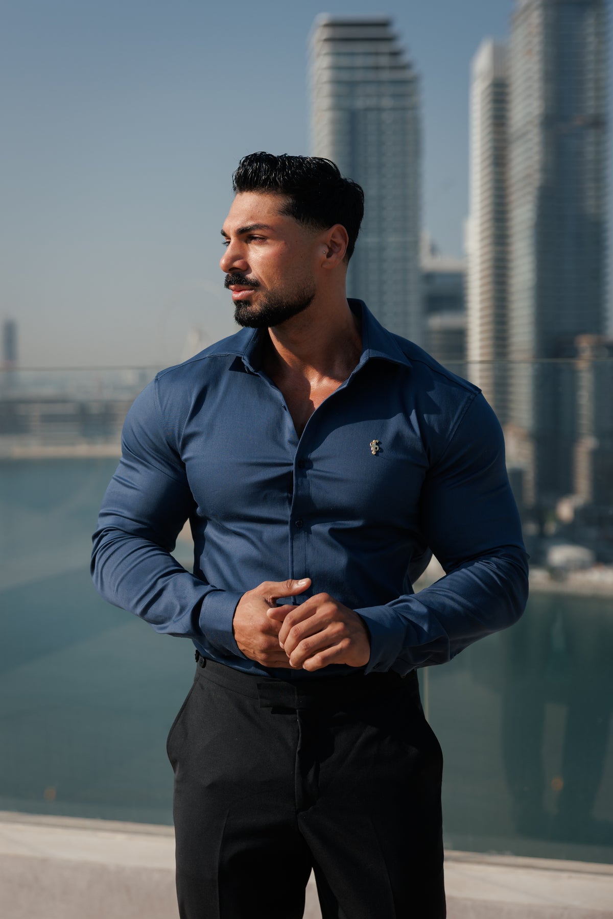 Super Slim Stretch New Navy Denim Long Sleeve with Gold Metal Decal and Cutaway Collar - FS1314