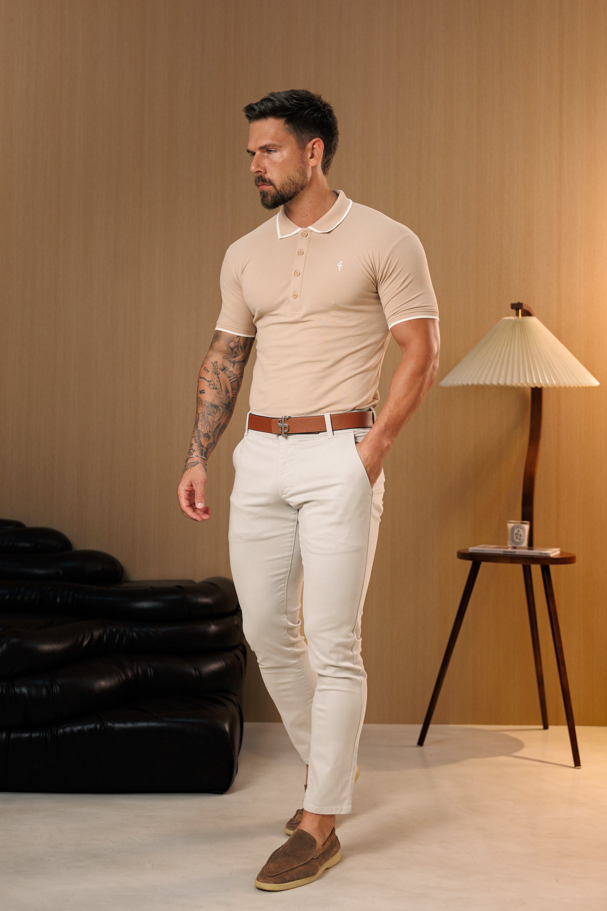 Beige / White Polo Shirt With Contrast Collar and Sleeve - FSH1672