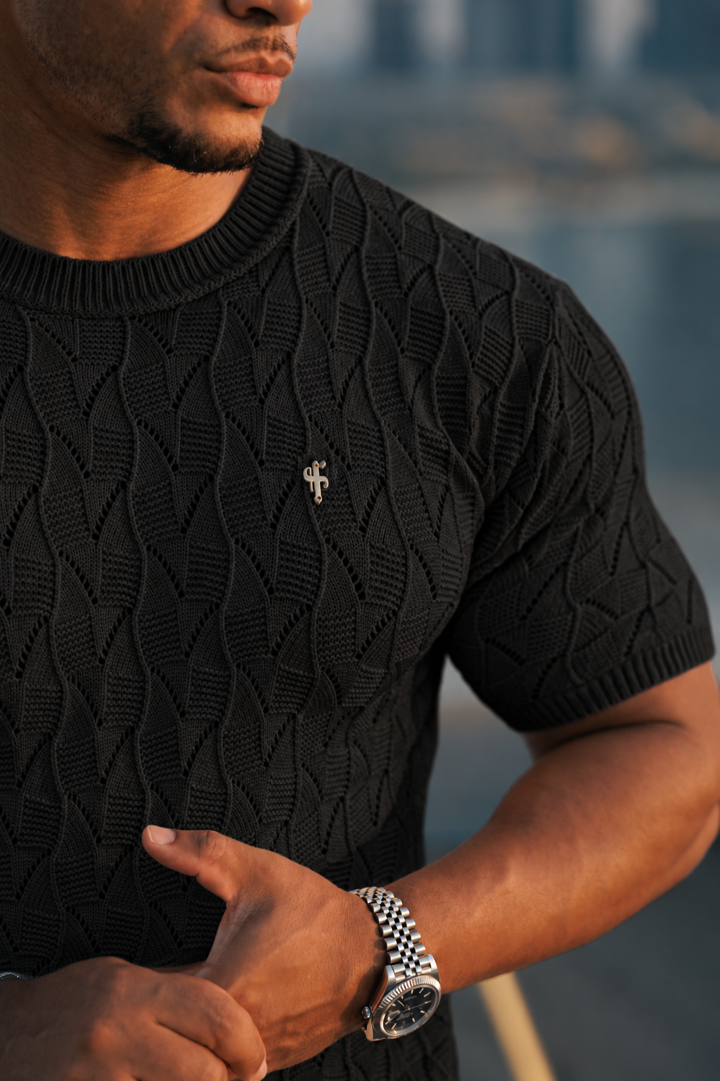 Black Wave Weave Knit Short Sleeve Sleeve T-Shirt - FSJ169