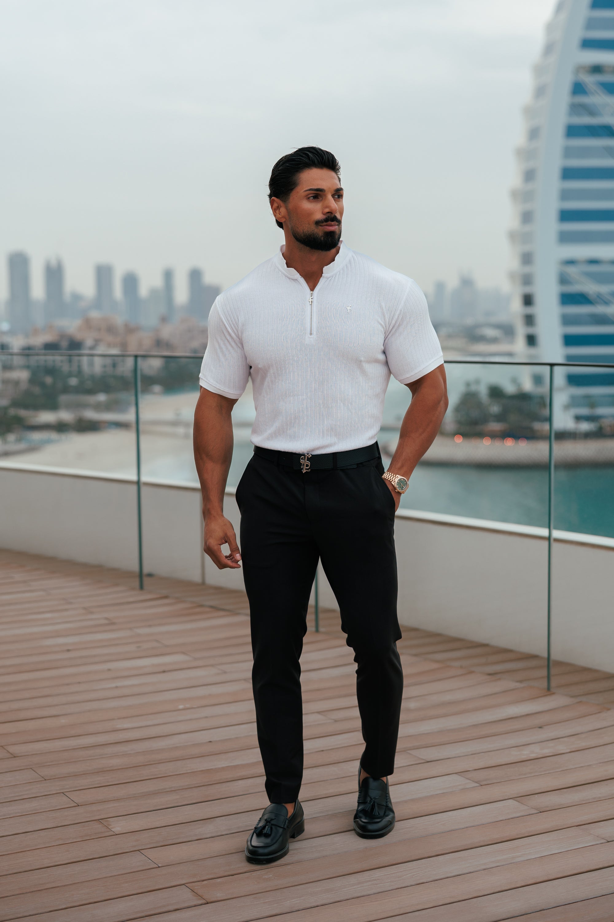 Classic White / Silver  Ribbed Zip Grandad Collar Shirt Short Sleeve - FSH1447