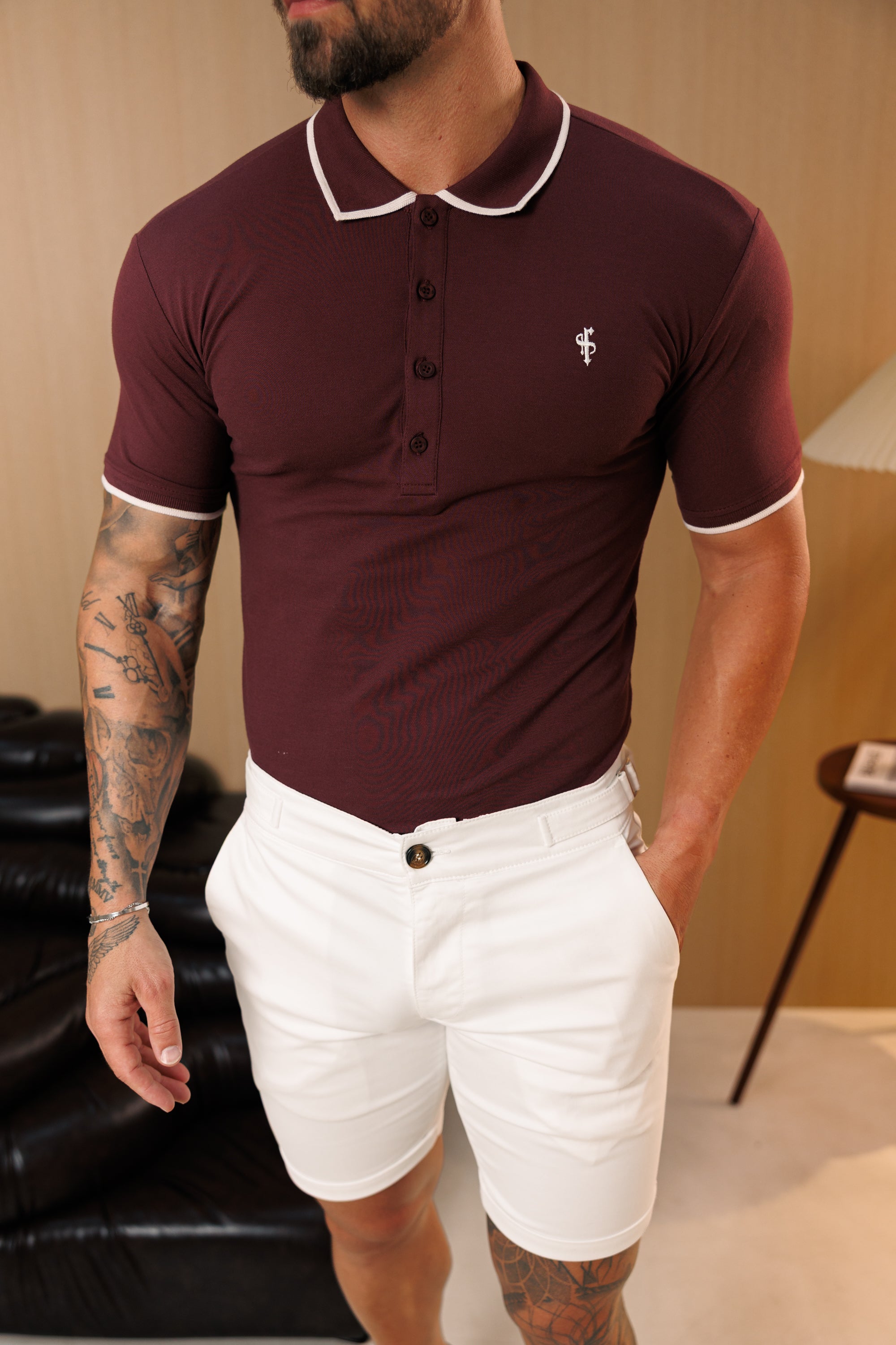 Burgundy / White Polo Shirt With Contrast Collar and Sleeve - FSH1676