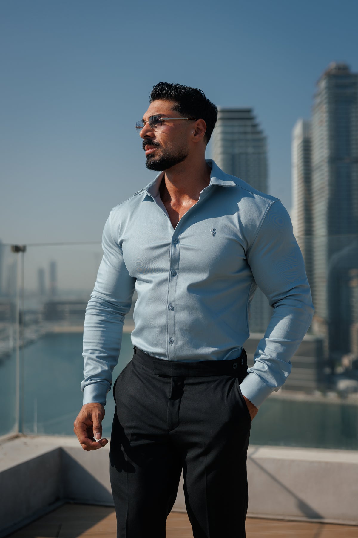 Super Slim Stretch Steel Blue Denim Long Sleeve with Silver Metal Decal and Cutaway Collar - FS1313
