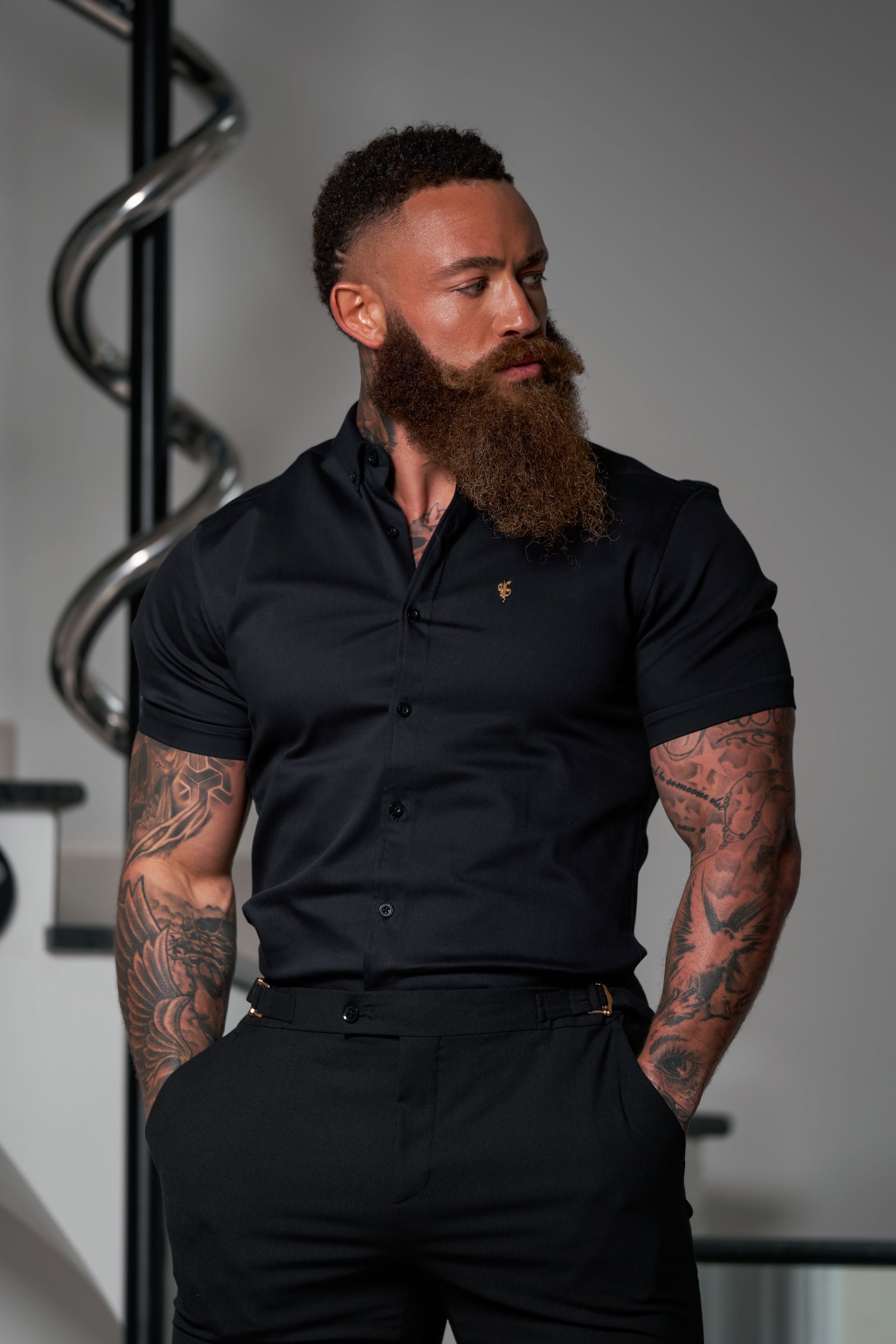 Slim Formal Black Stretch Trousers With Gold Waist Adjusters - FST018