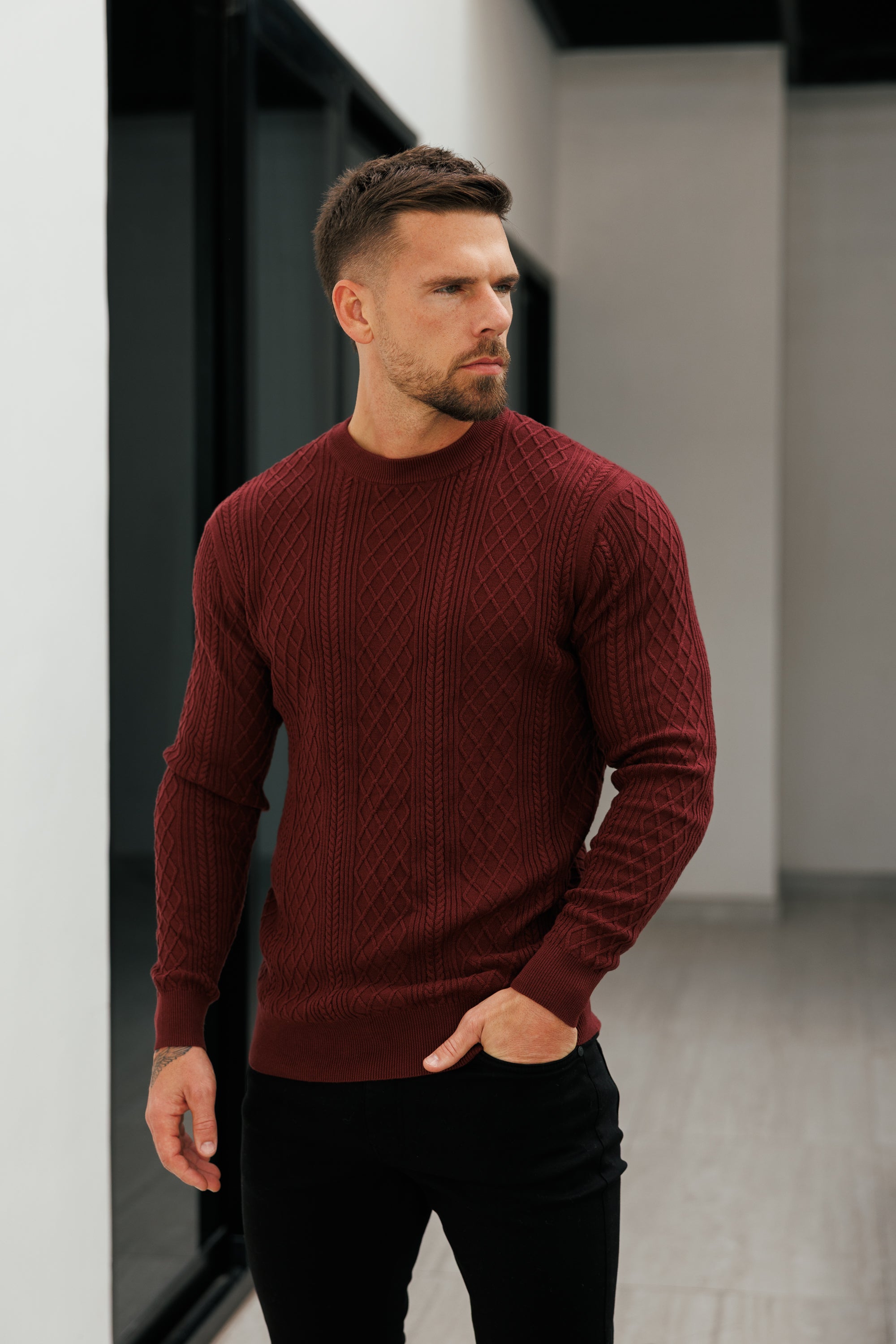 Fine Knit Diamond Burgundy Jumper Long Sleeve  -  FSA008
