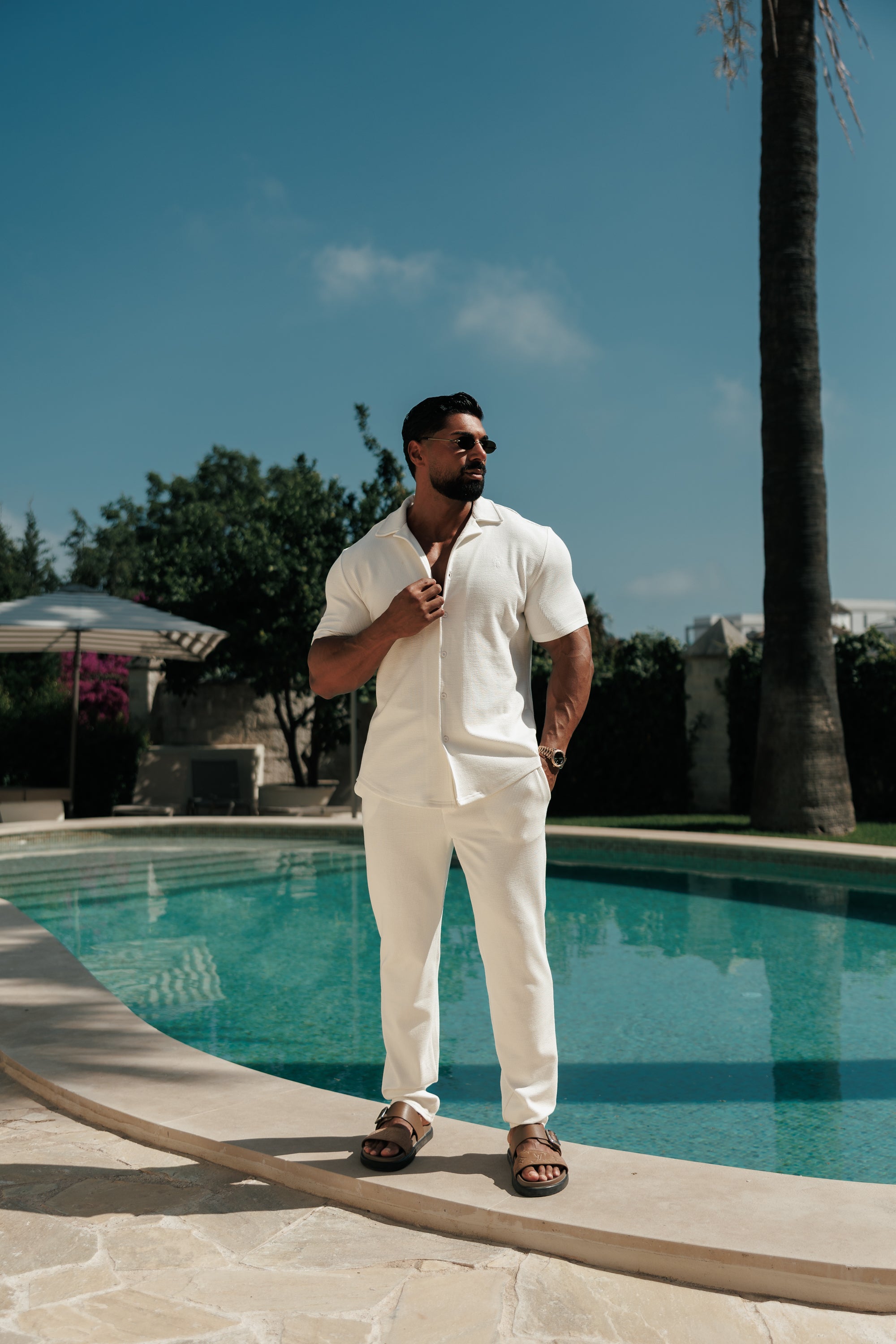 Jersey Cord Stretch White Revere Shirt Short Sleeve - FSR069 (PRE ORDER 18TH JULY)