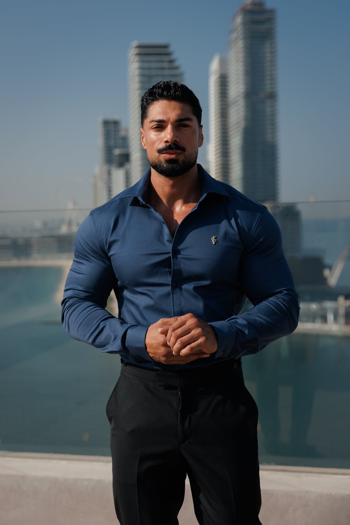 Super Slim Stretch New Navy Denim Long Sleeve with Gold Metal Decal and Cutaway Collar - FS1314