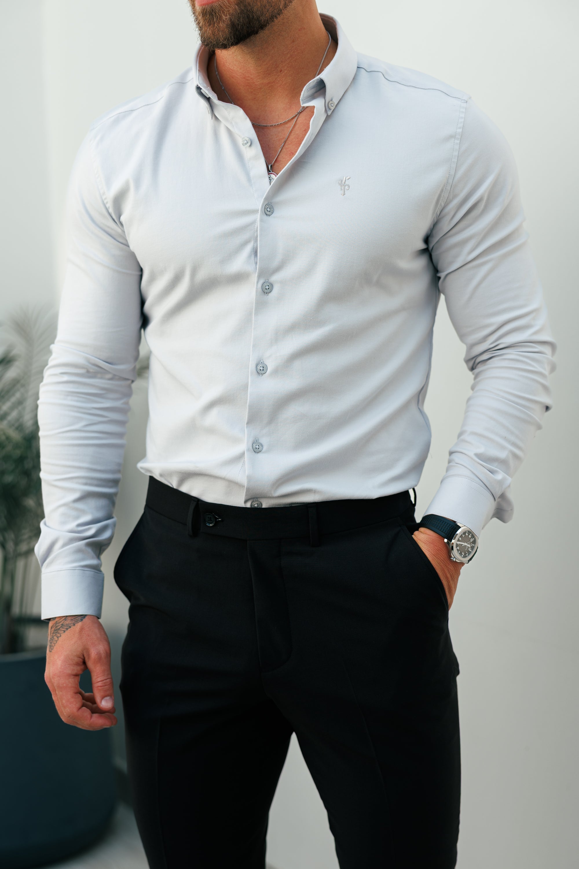 Classic Stretch Oxford Long Sleeve Light Grey with Button Down Collar - FS1220