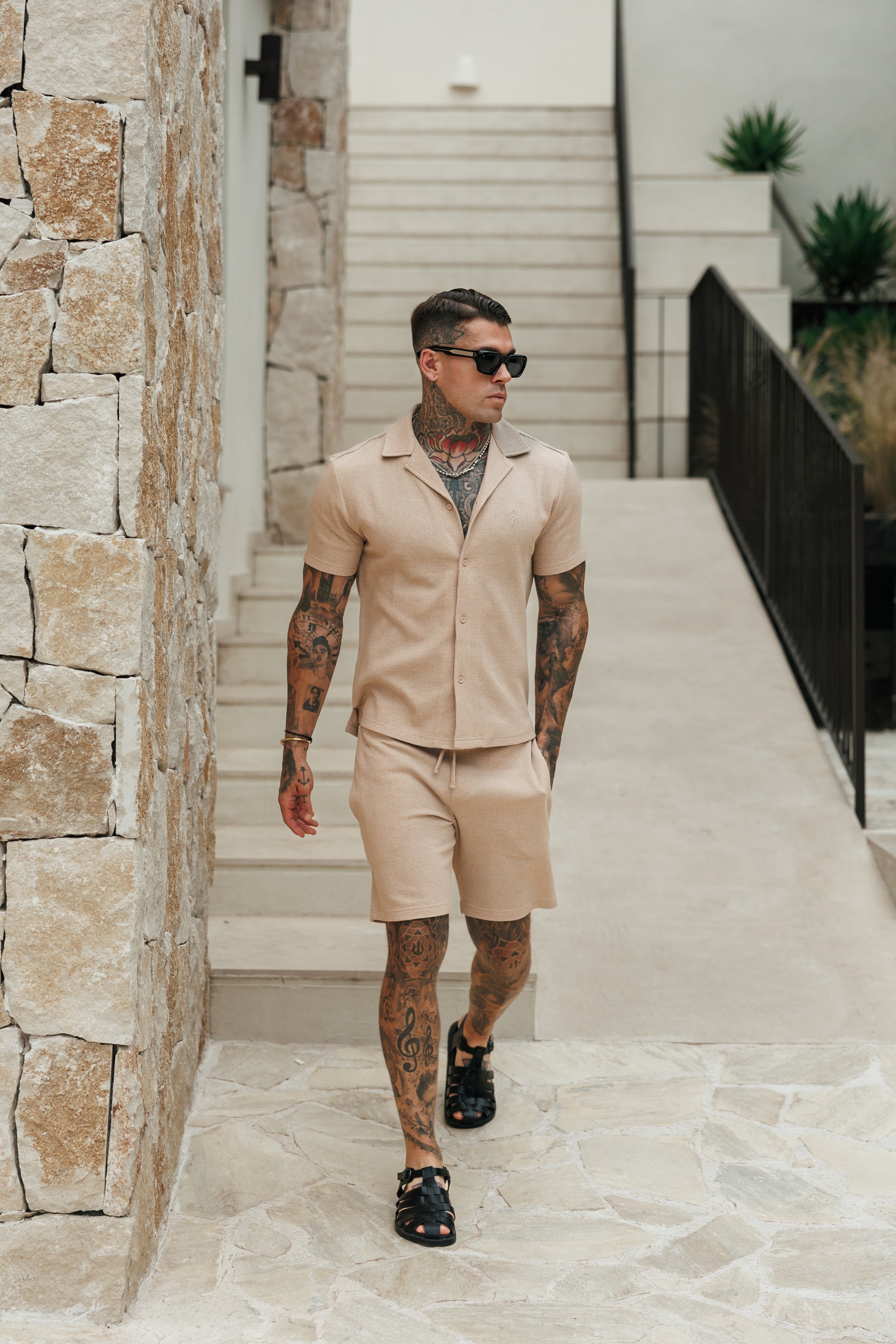 Waffle Shorts With Elasticated Waistband Beige - FSR112 (PRE ORDER 10TH AUGUST)