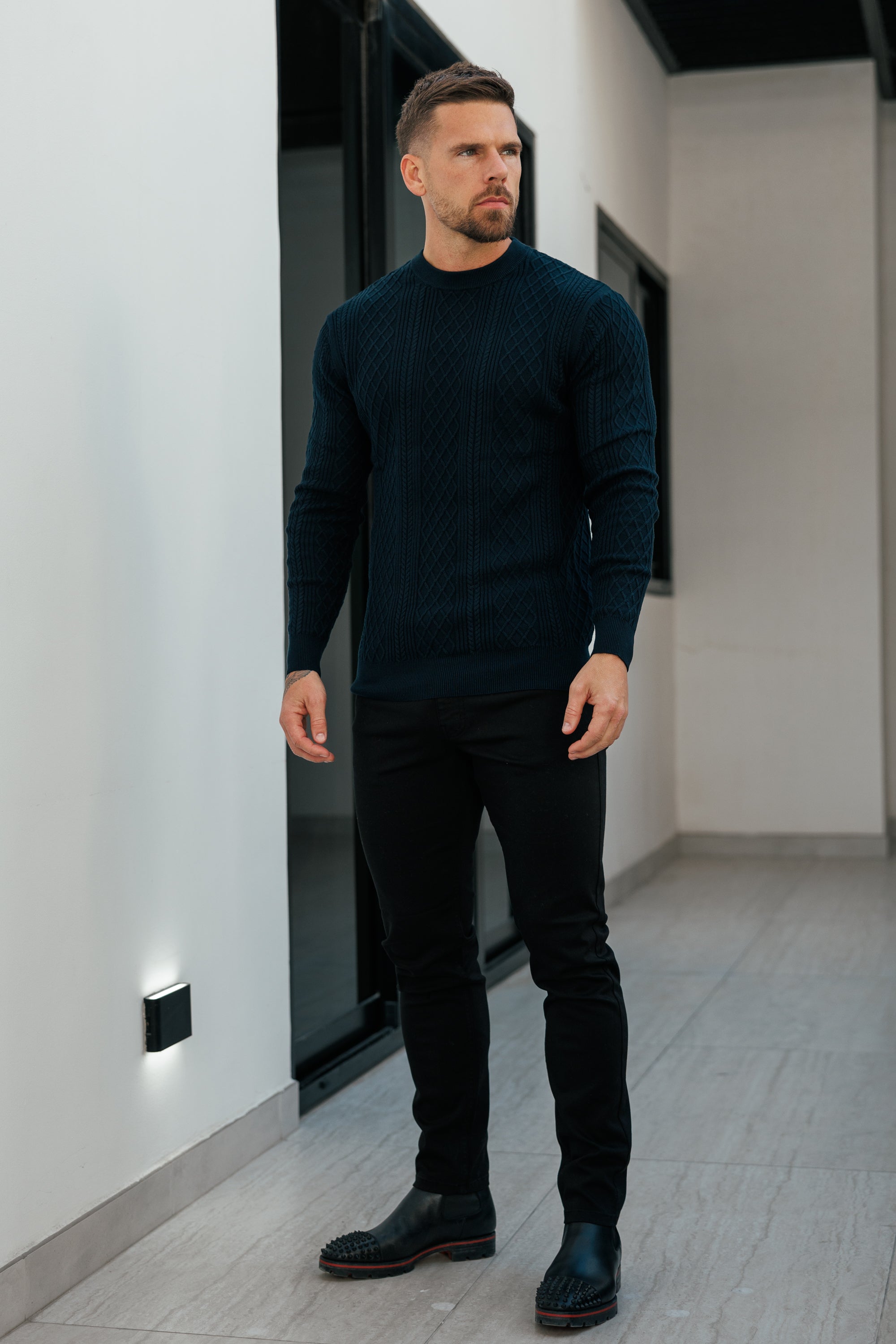 Fine Knit Diamond Navy Jumper Long Sleeve  -  FSA007