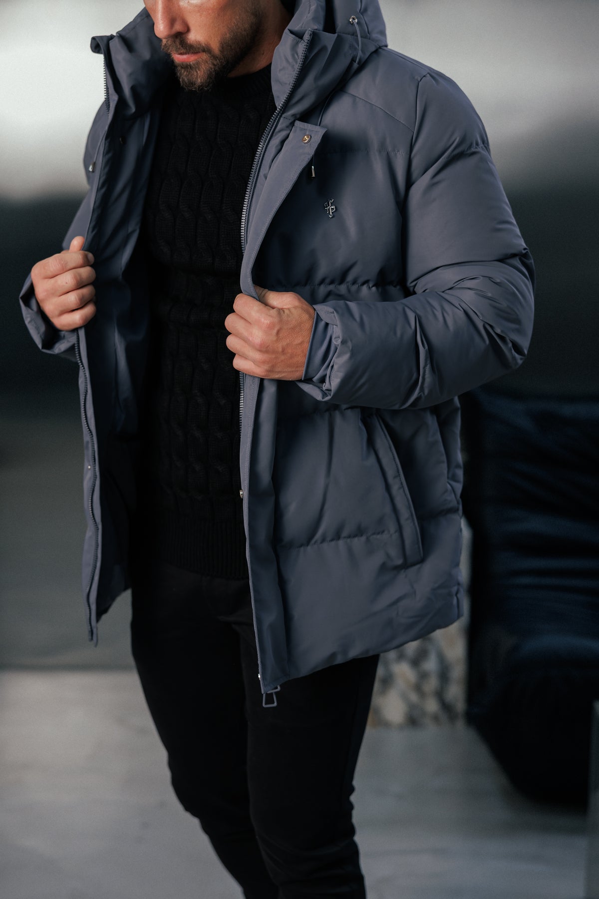 Gunmetal Padded Coat with Hood - FSN237 (PRE ORDER 24TH OCTOBER)