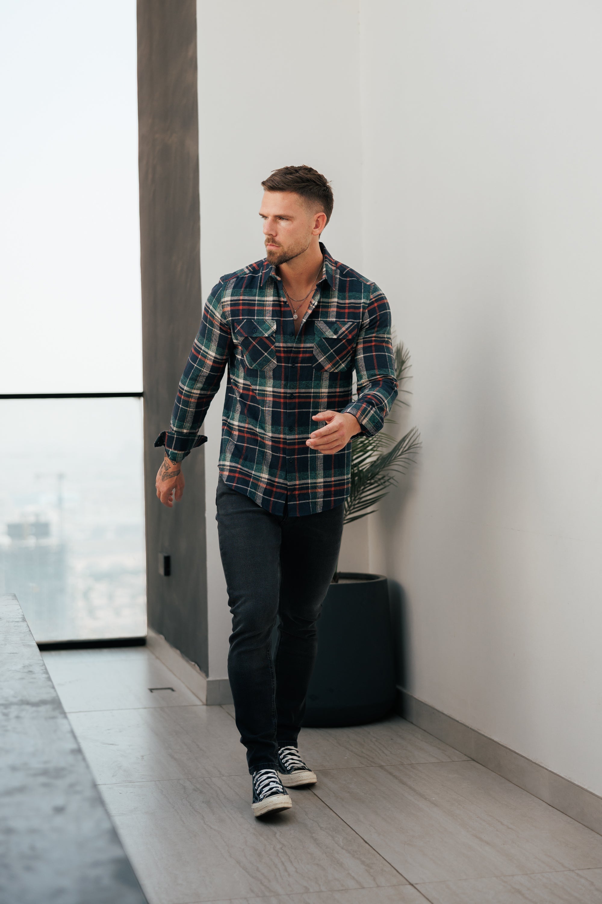 Navy / Green / Rust Check Shacket With Double Pockets - FS1198