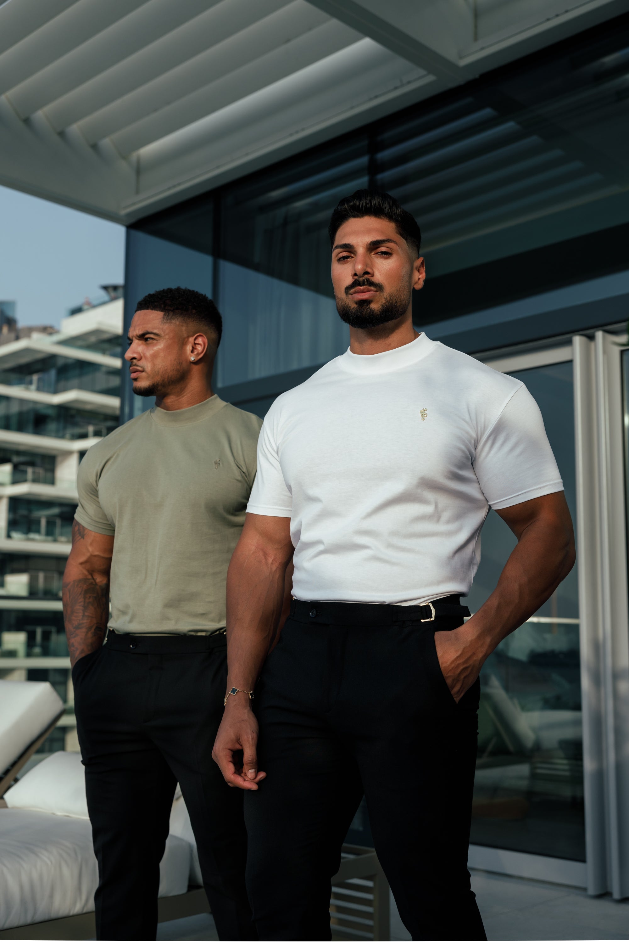 Ribbed High Neck Crew Short Sleeve White / Gold  - FSH1006
