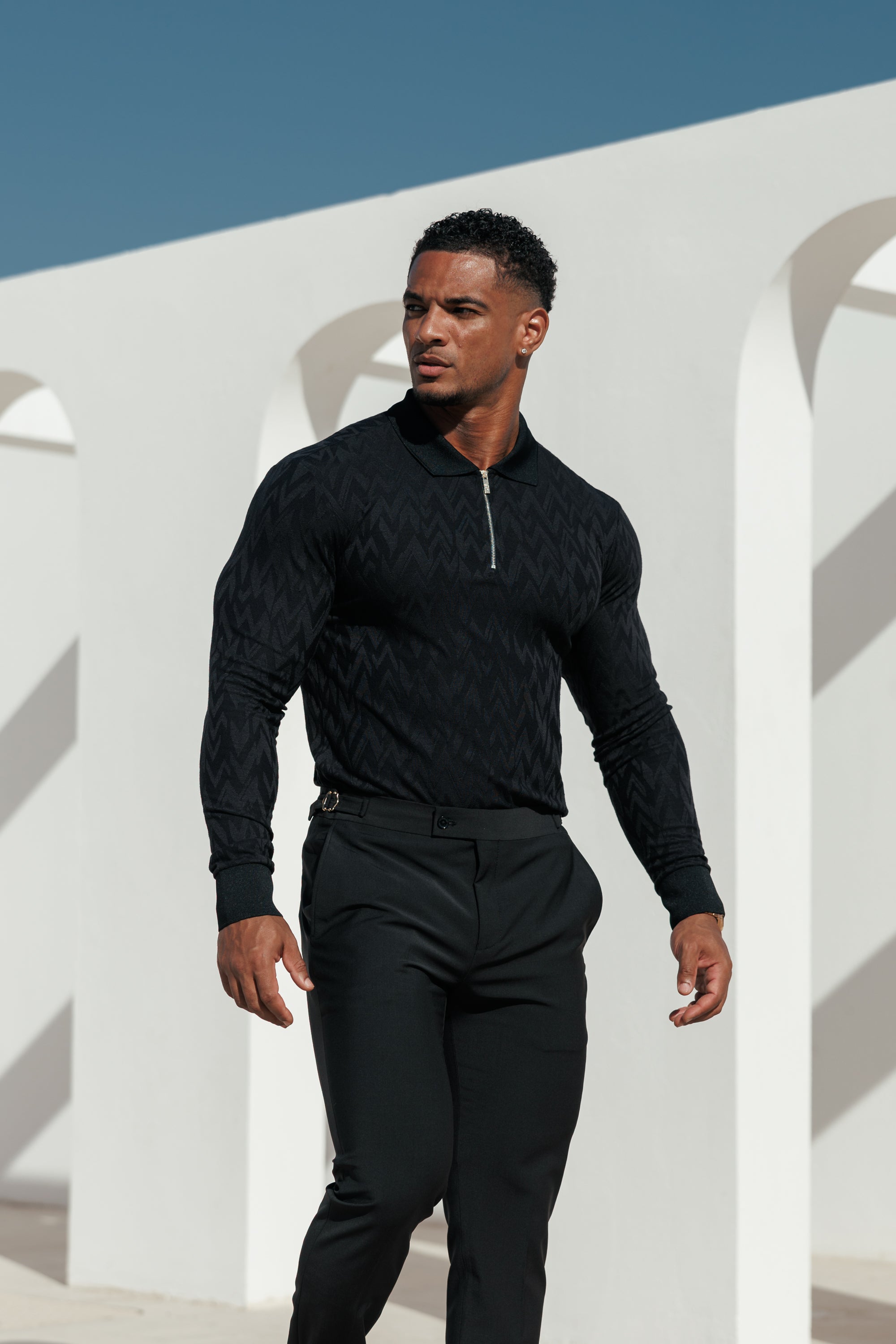 Classic Jacquard Black Chevron Zipped Polo Long Sleeve - FSR043
