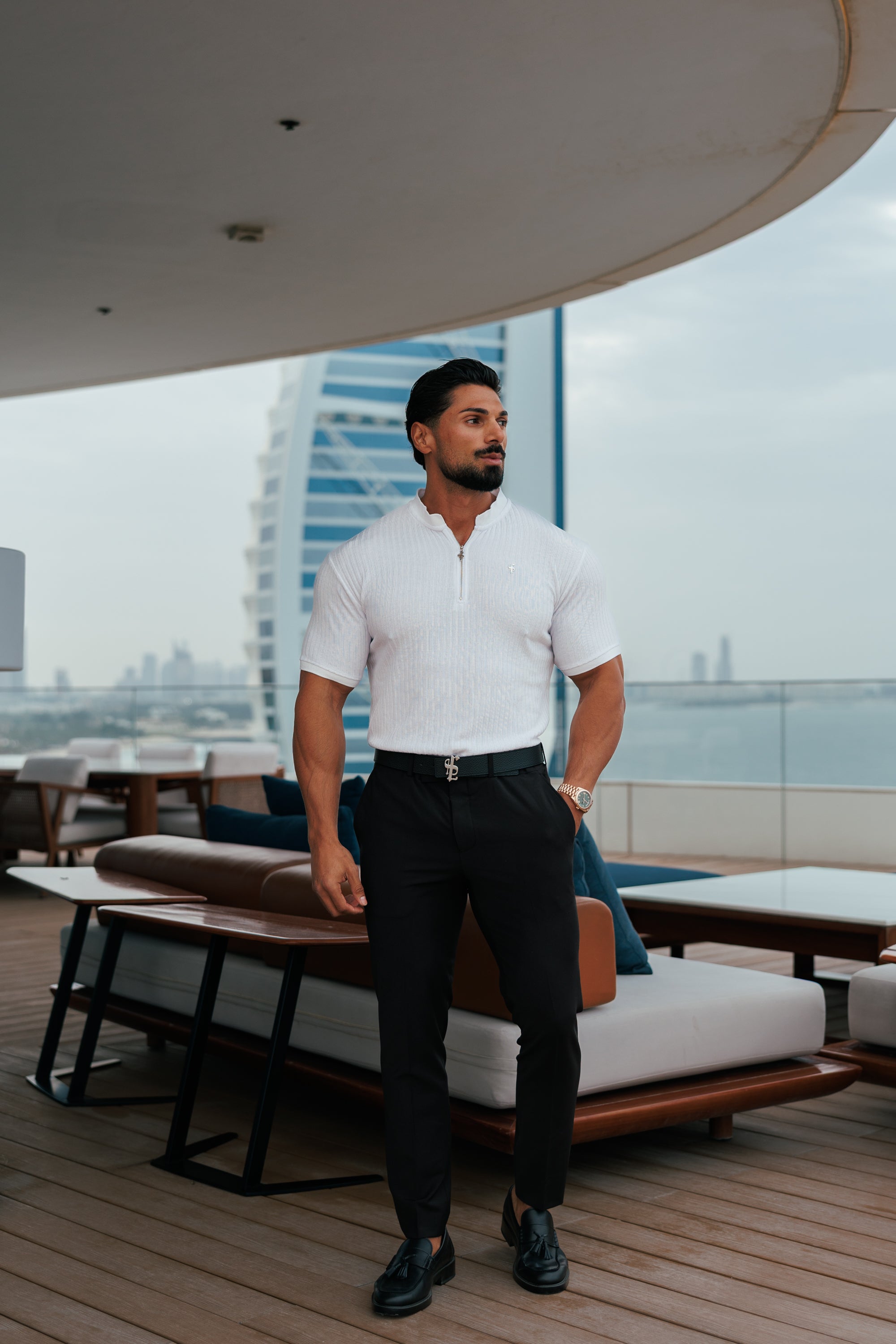 Classic White / Silver  Ribbed Zip Grandad Collar Shirt Short Sleeve - FSH1447