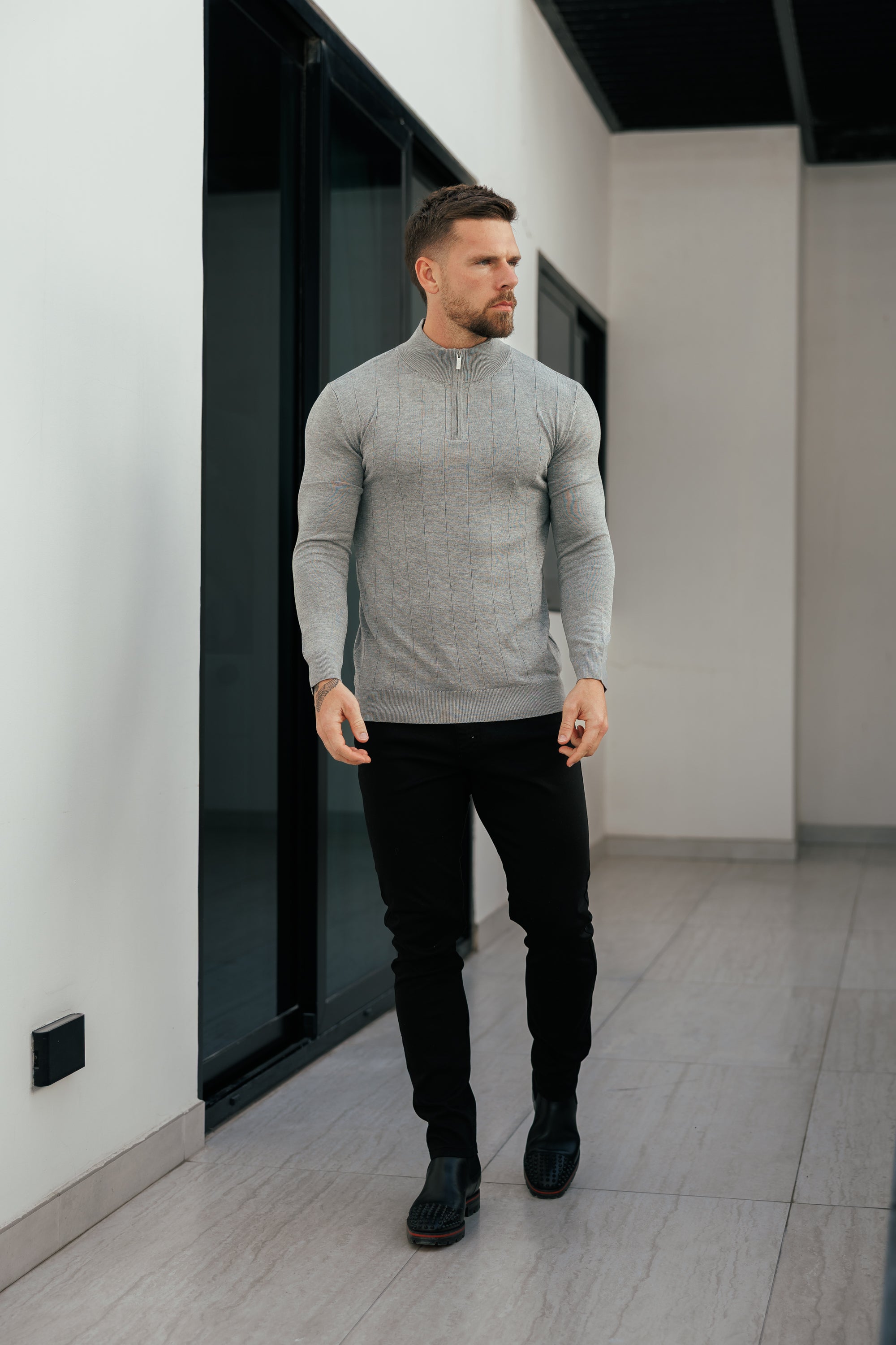 Self Stripe 1/4 Zip Funnel Neck Knit Jumper Light Charcoal Long Sleeve  -  FSR053