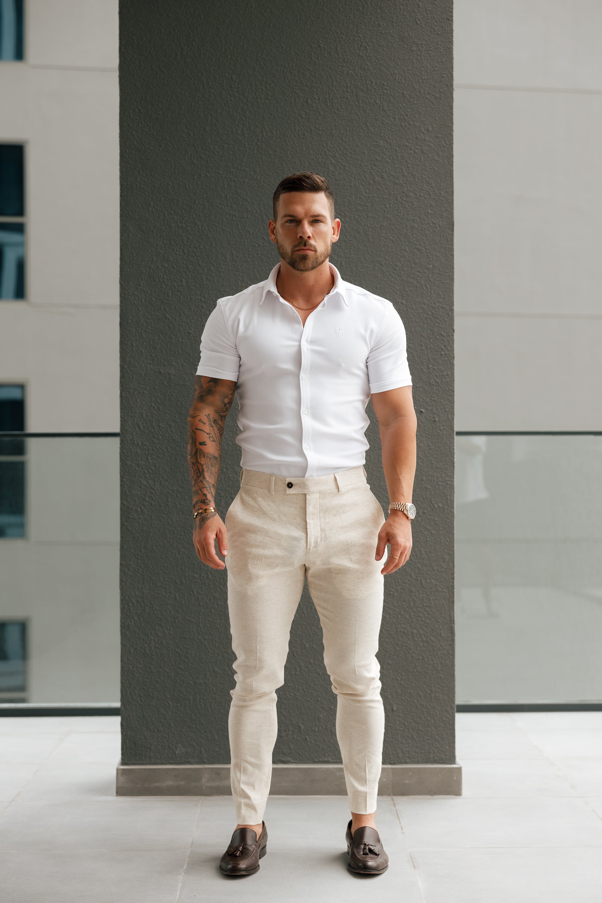 Slim Formal Cream Linen Trousers With Belt Loops - FST019