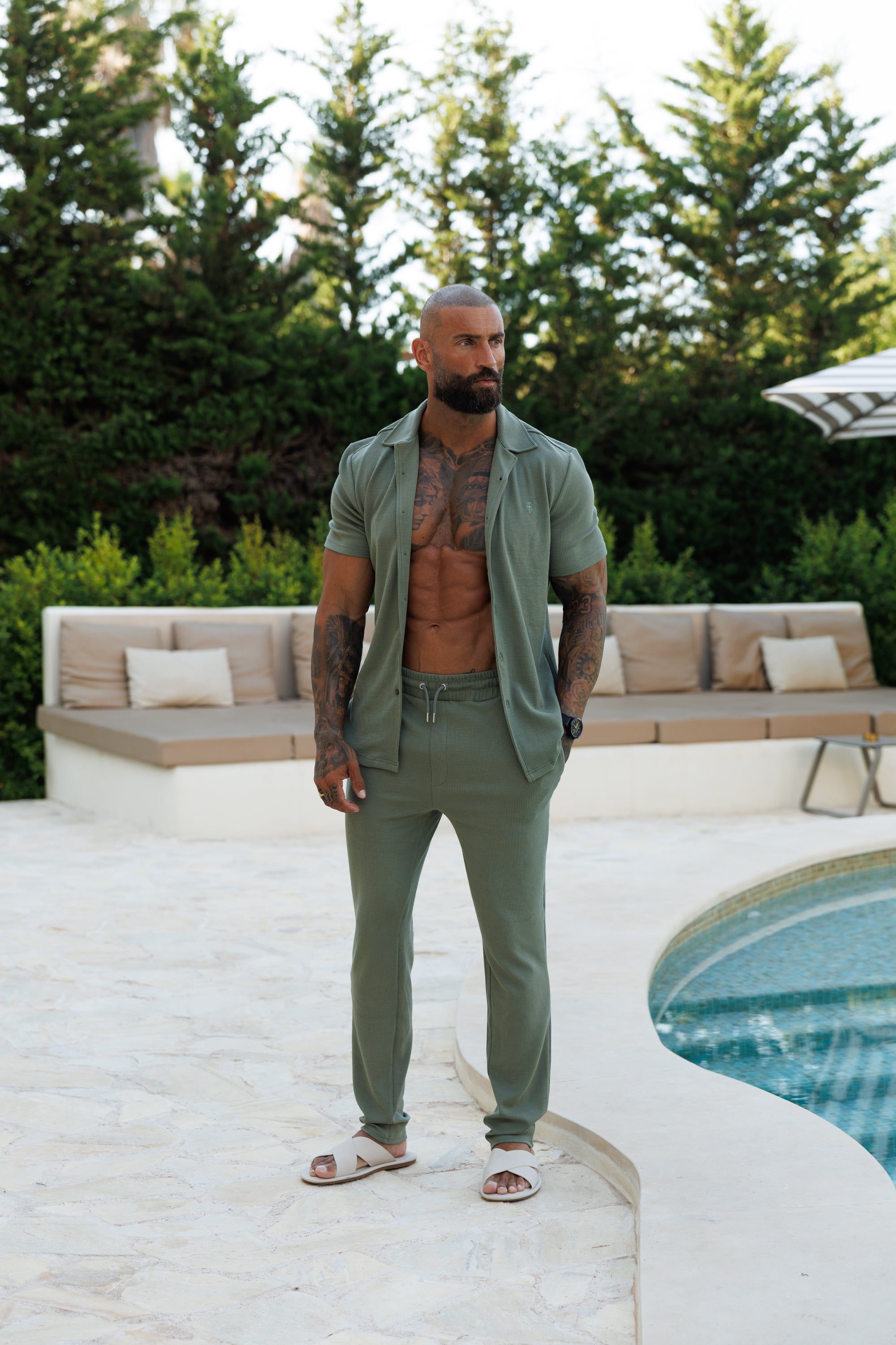 Jersey Cord Stretch Olive Revere Shirt Short Sleeve - FSR072 (PRE ORDER 30TH JUNE)