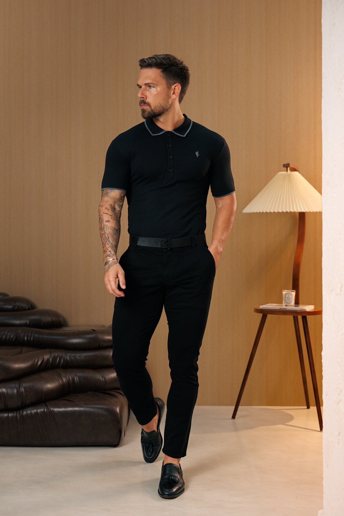 Black / Charcoal Polo Shirt With Contrast Collar and Sleeve - FSH1670