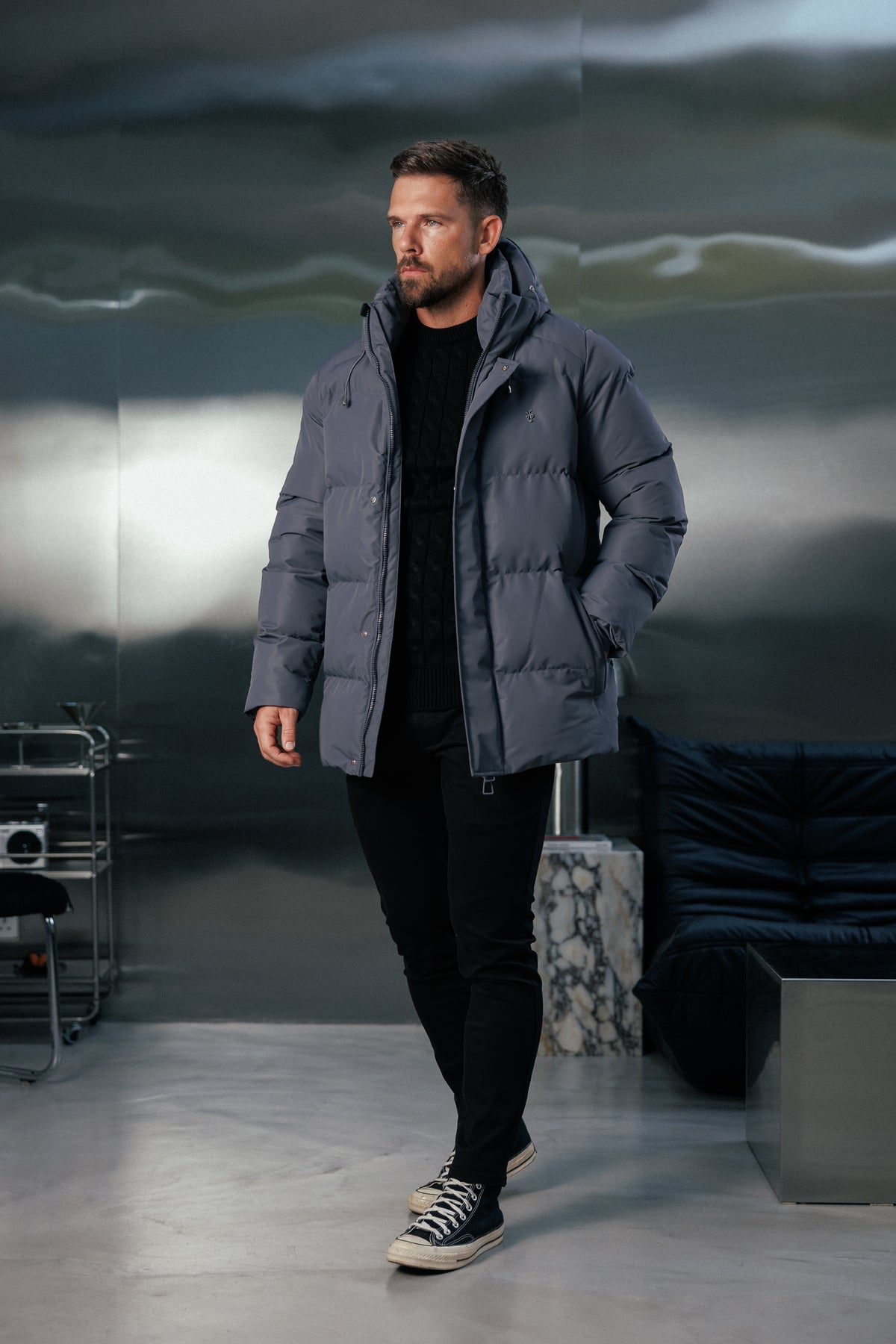 Gunmetal Padded Coat with Hood - FSN237 (PRE ORDER 24TH OCTOBER)