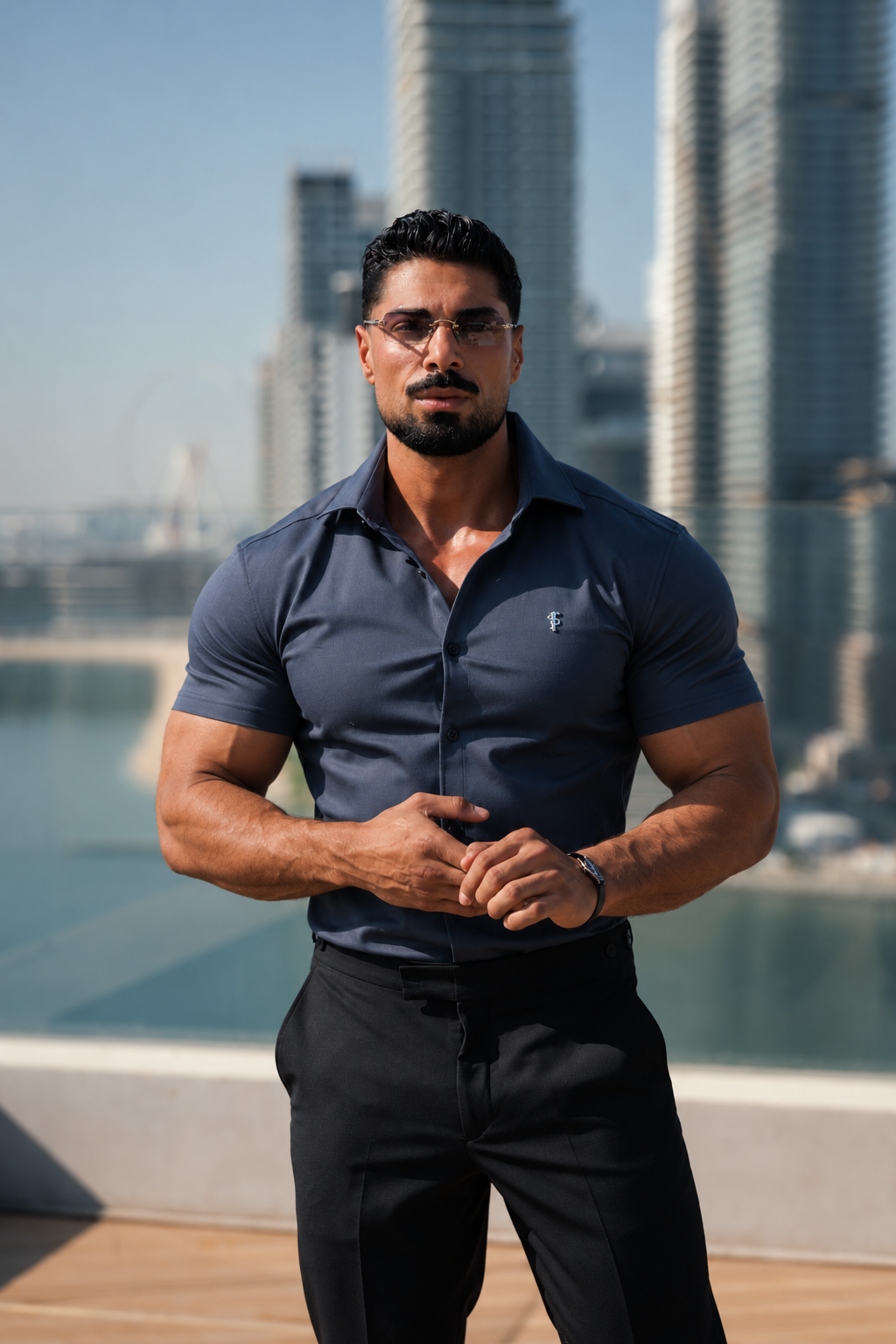 Super Slim Stretch Gunpowder Denim Short Sleeve with Silver Metal Decal and Cutaway Collar - FS1323