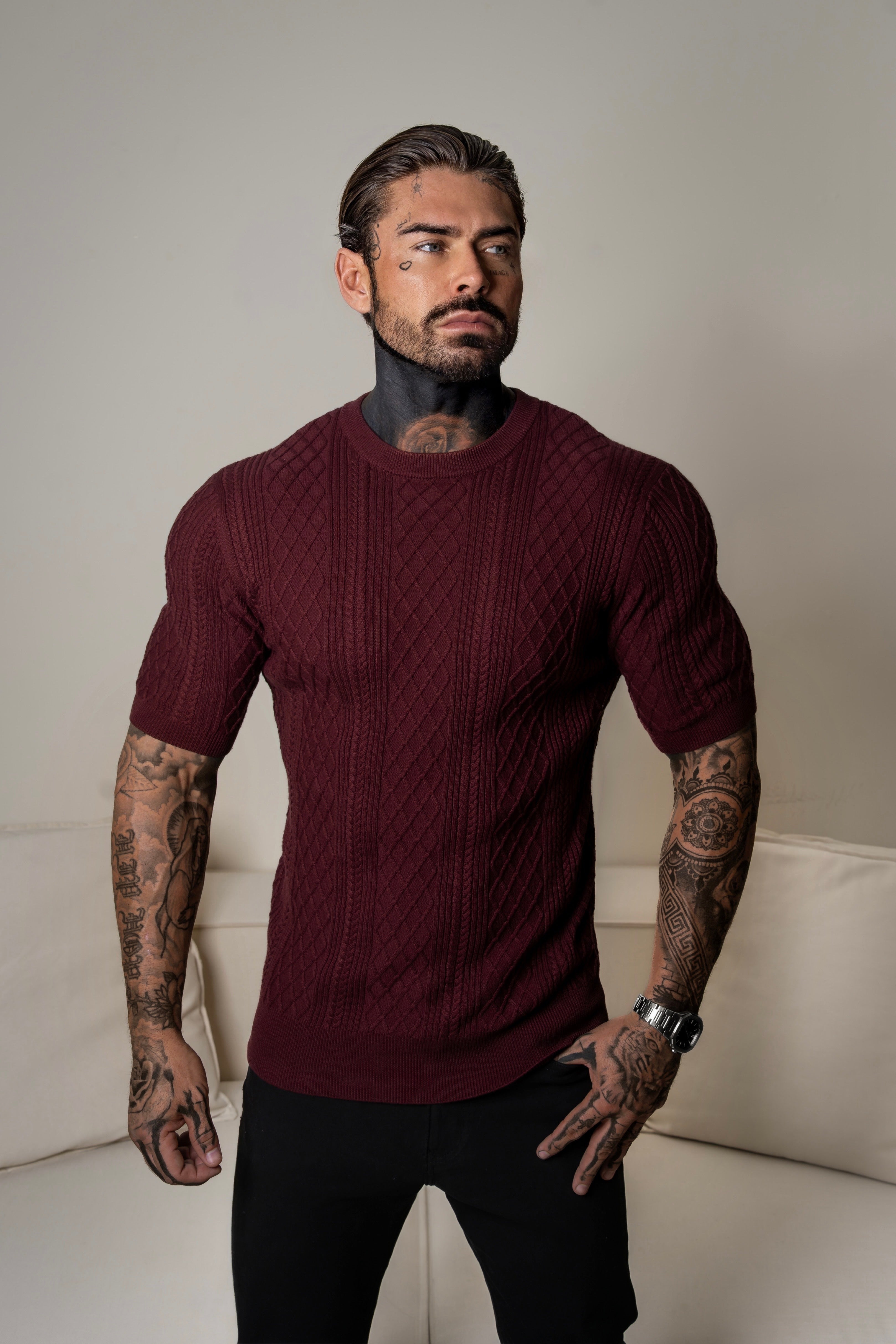 Fine Knit Diamond Burgundy Jumper Short Sleeve - FSA012