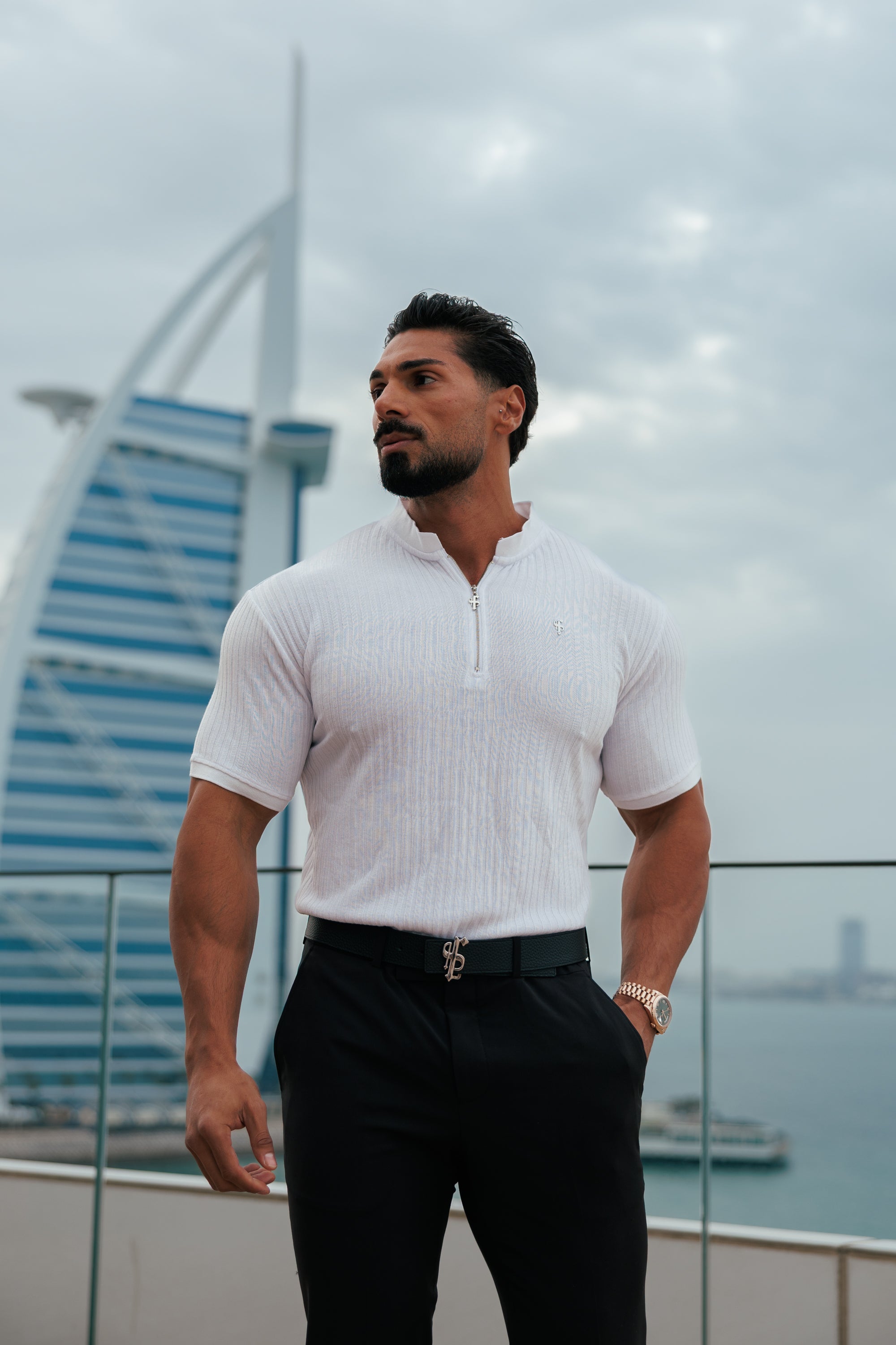 Classic White / Silver  Ribbed Zip Grandad Collar Shirt Short Sleeve - FSH1447