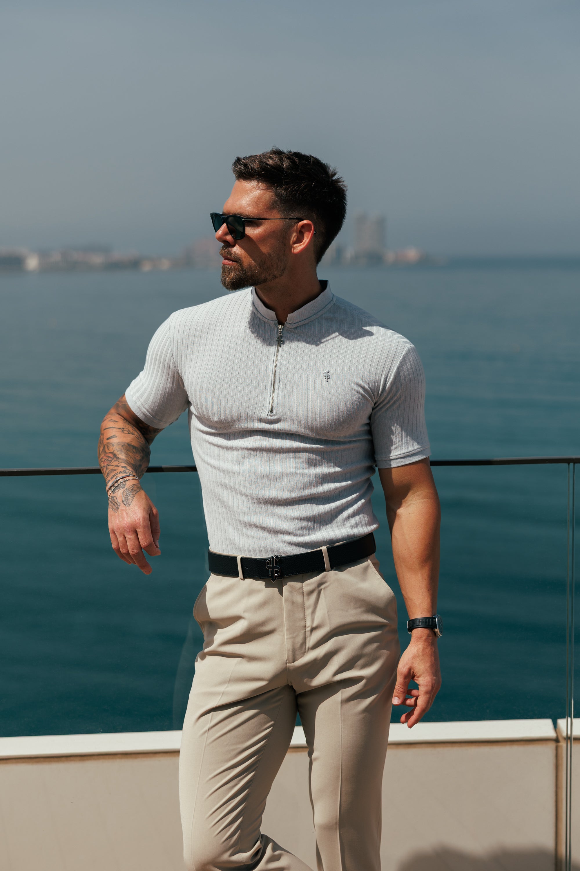 Classic Light Grey / Silver Ribbed Zip Grandad Collar Shirt Short Sleeve - FSH1449