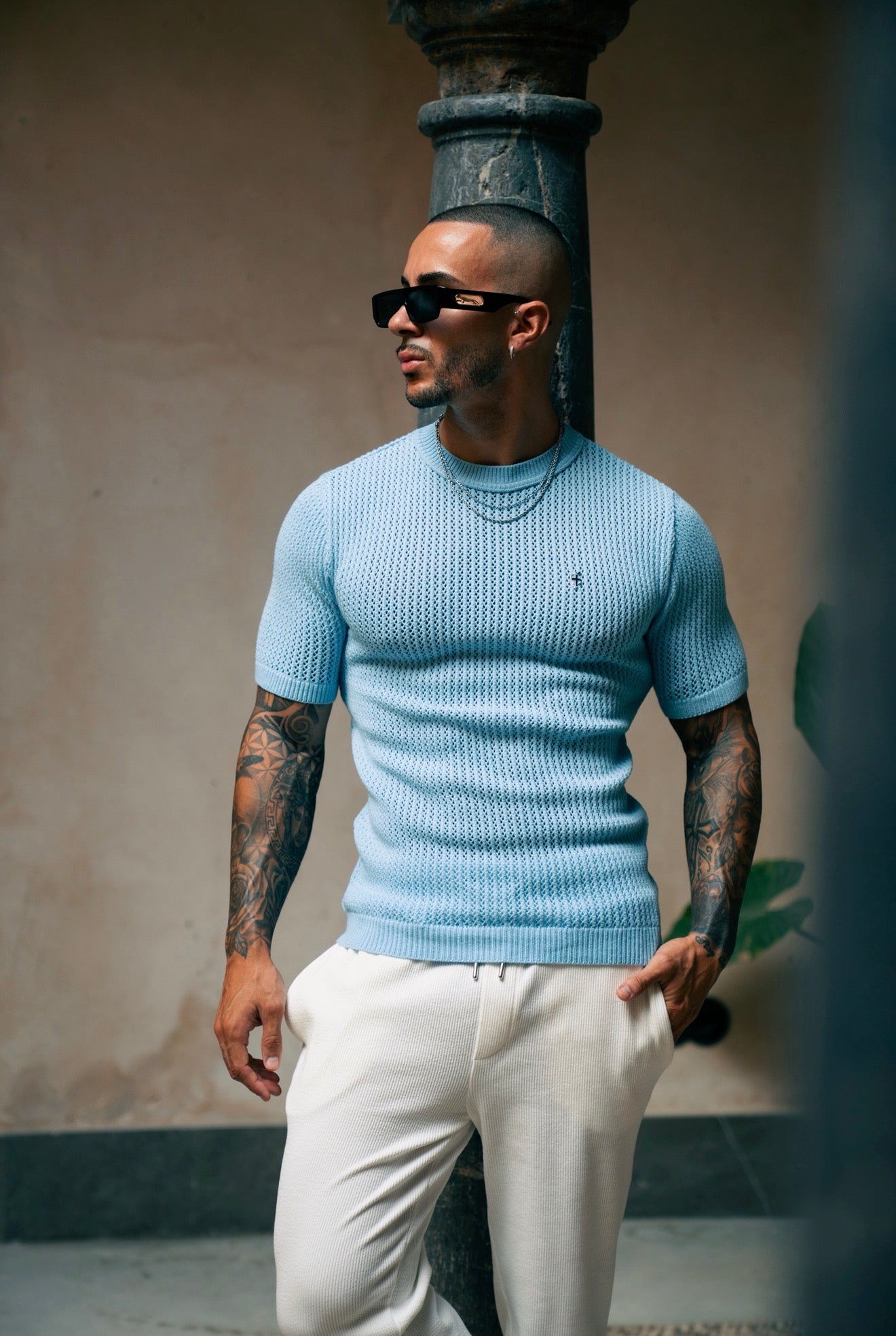 Light Blue Viscose Plain Knitted Short Sleeve T-Shirt - FSJ185 (PRE ORDER 12TH AUGUST)