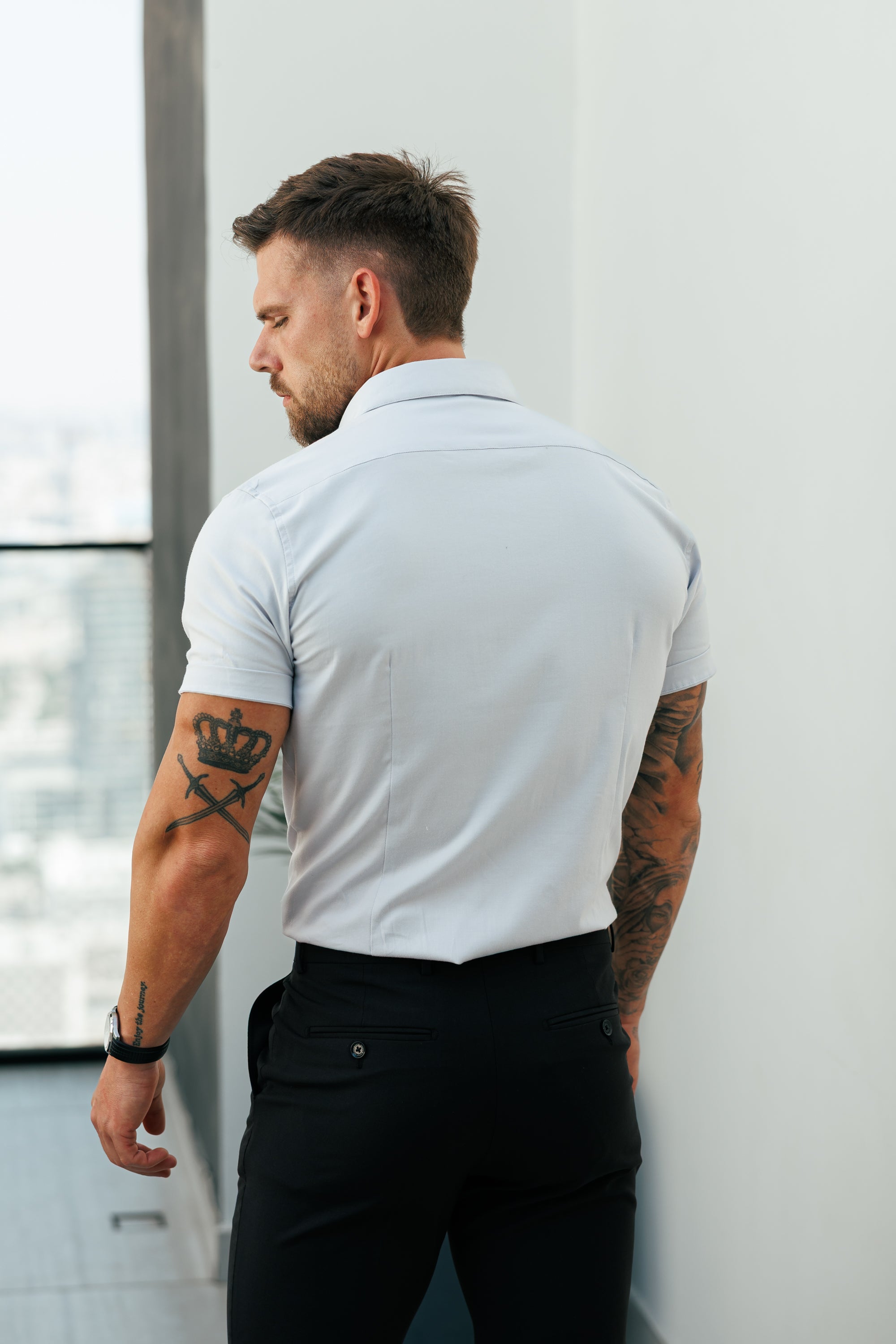 Classic Stretch Oxford Short Sleeve Light Grey with Button Down Collar - FS1214