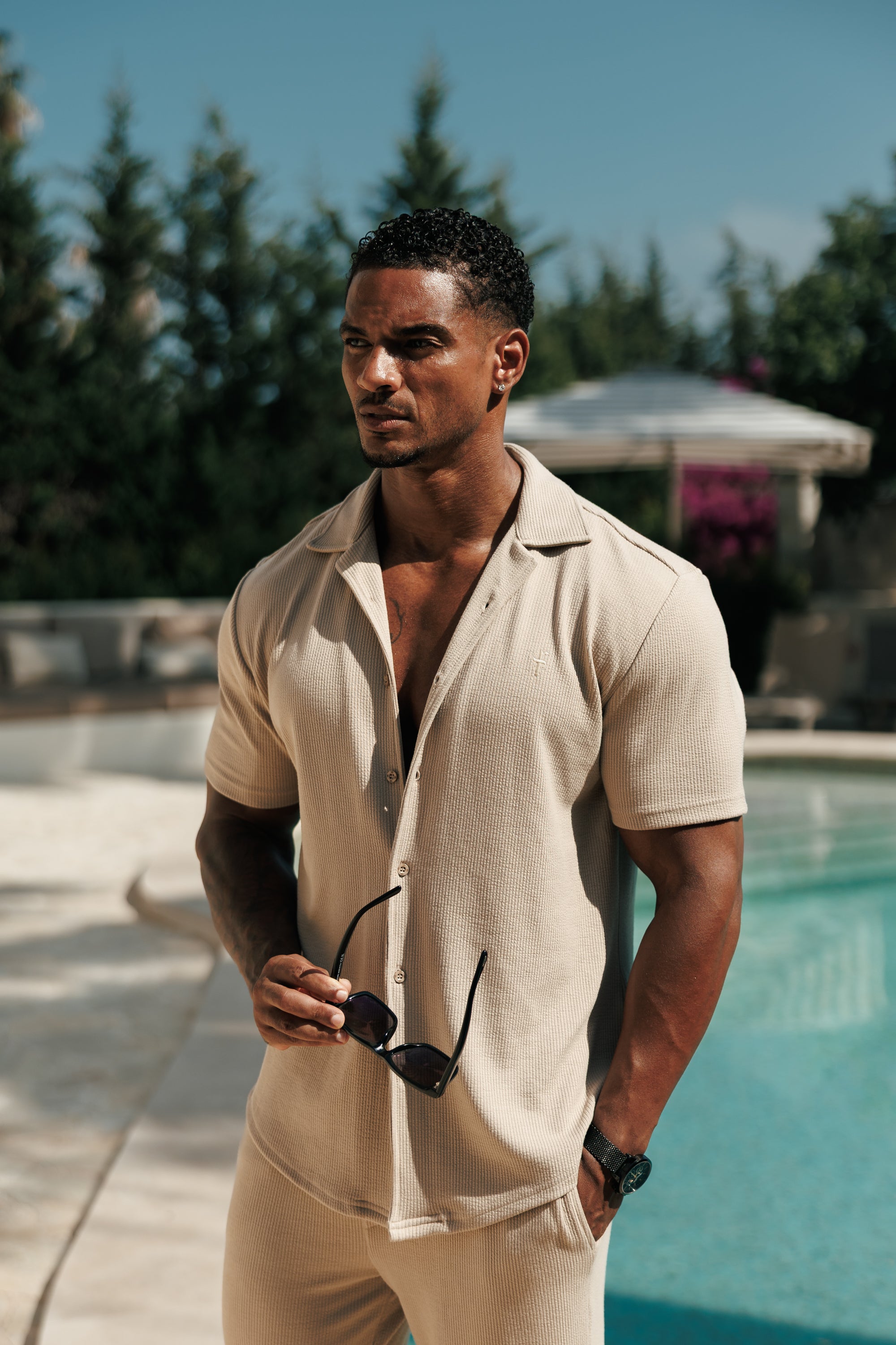 Jersey Cord Stretch Beige Revere Shirt Short Sleeve - FSR073