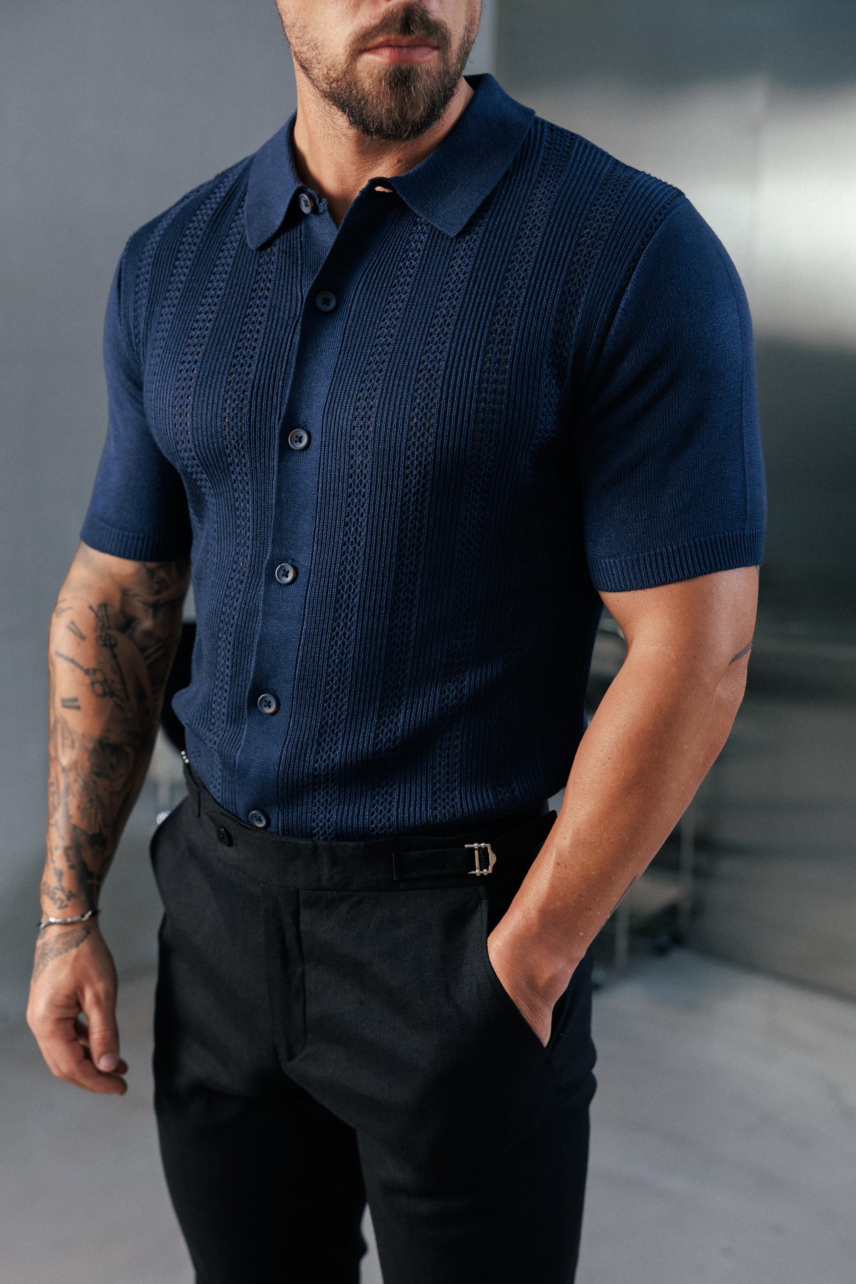 Navy Stripe Perforated Shirt Short Sleeve -  FSA020