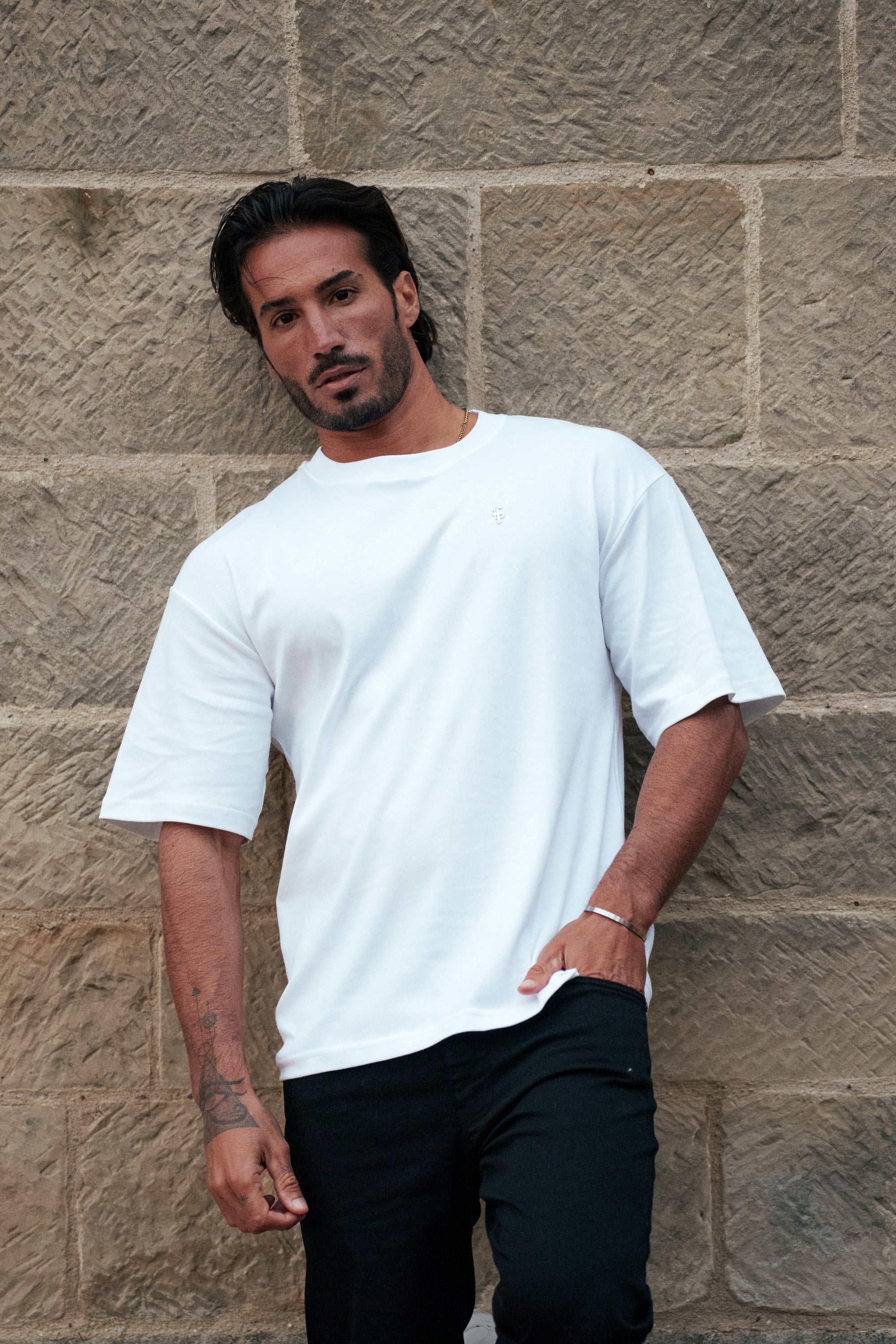 White / Silver Oversized Crew T Shirt - FSH1423