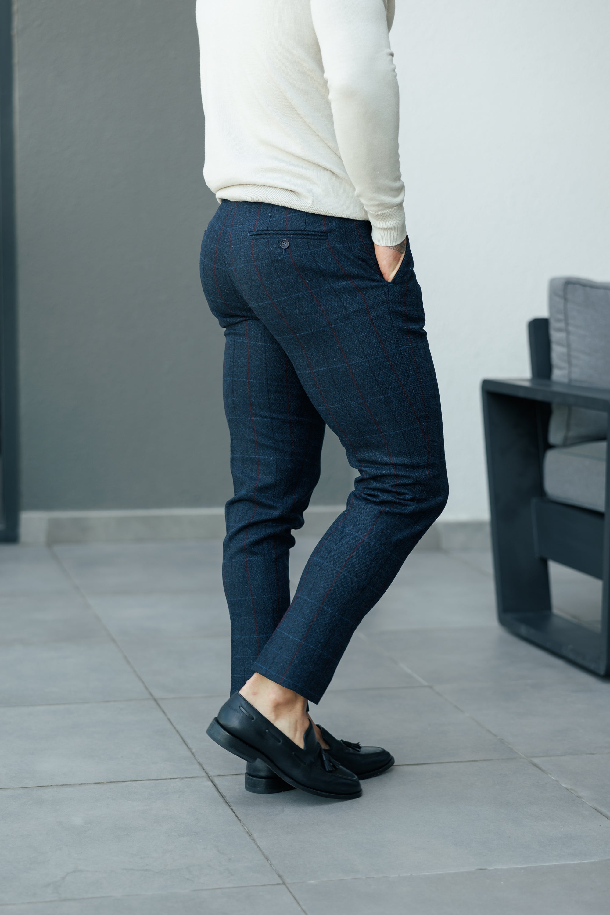 Relaxed Formal Navy / Burgundy Check Trouser - FSTR016