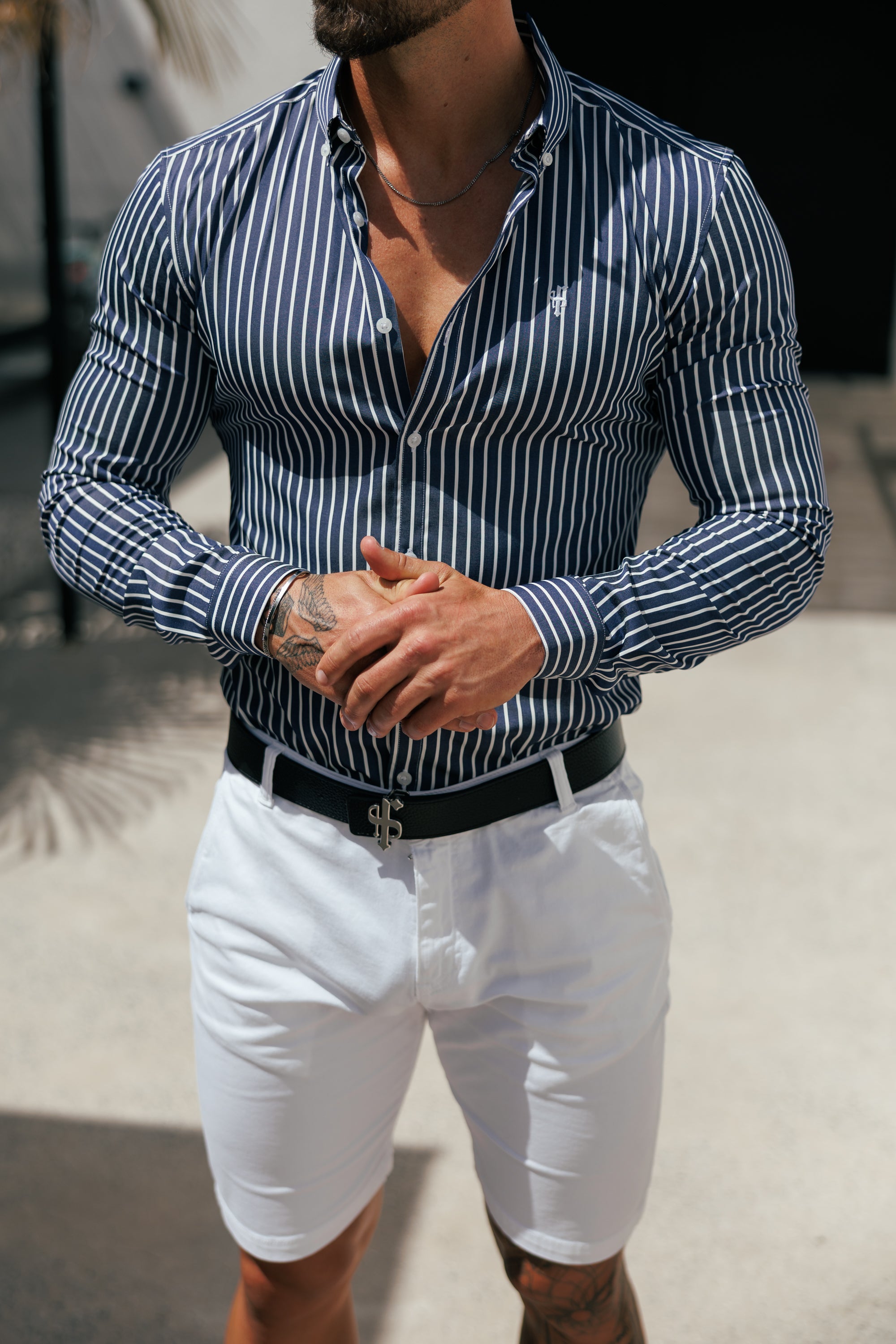 Super Slim Stretch Sateen Touch Navy / White Medium Stripe Long Sleeve  -  FS1262 (PRE-ORDER 28TH AUGUST)