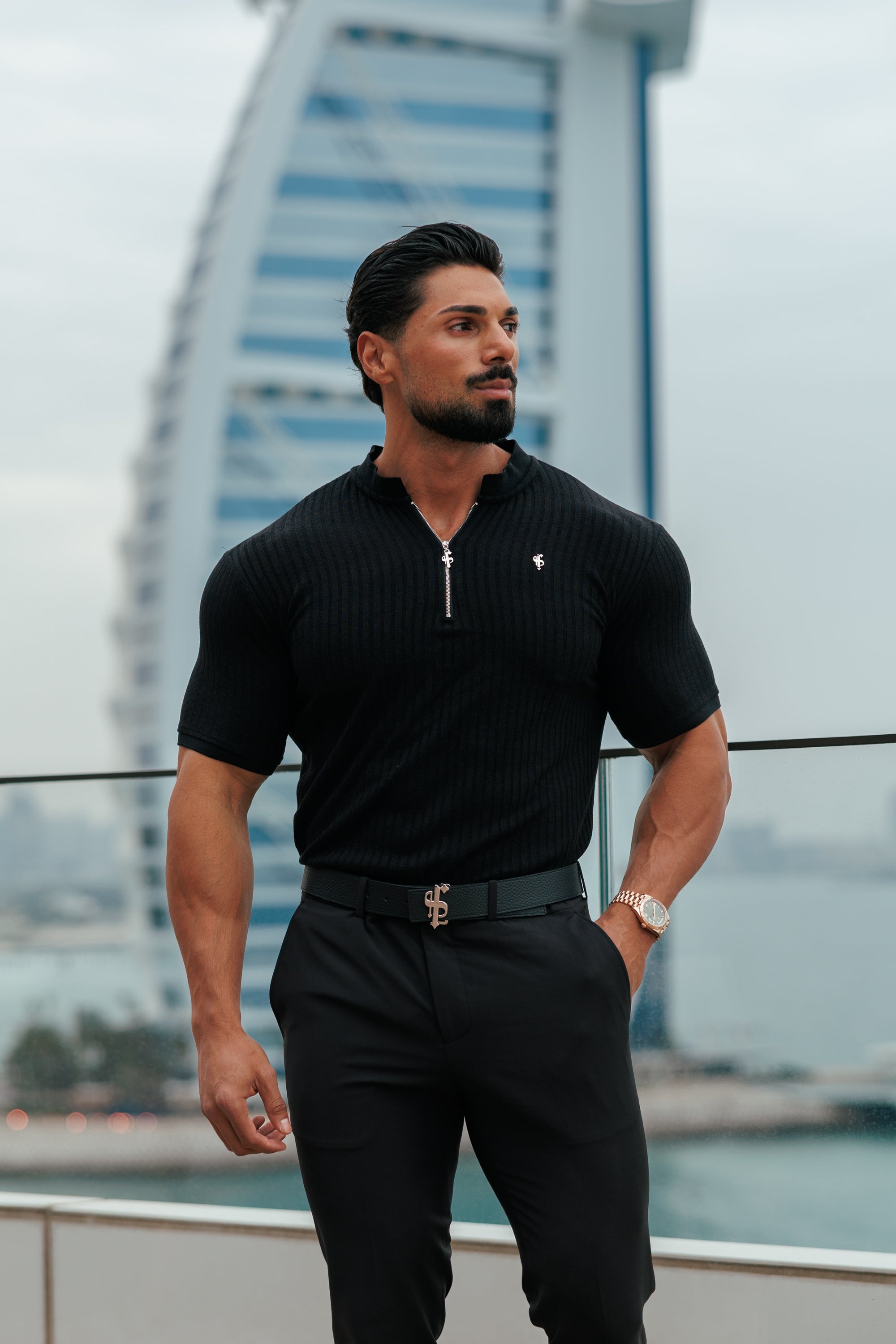 Super Slim Black / Silver  Ribbed Zip Grandad Collar Shirt Short Sleeve - FSH1445