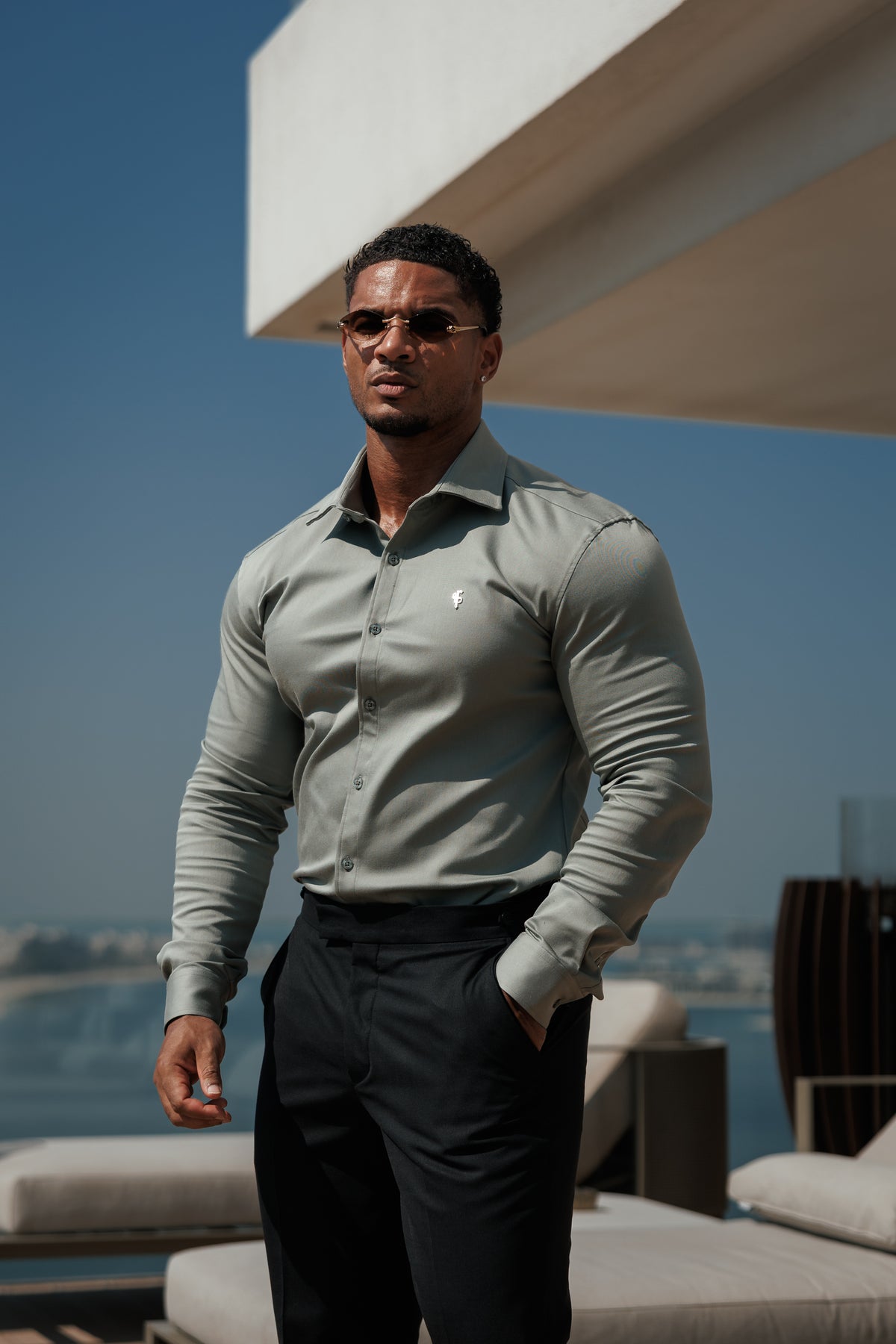 Super Slim Stretch Sage Green Denim Long Sleeve with Silver Metal Decal and Cutaway Collar - FS1318