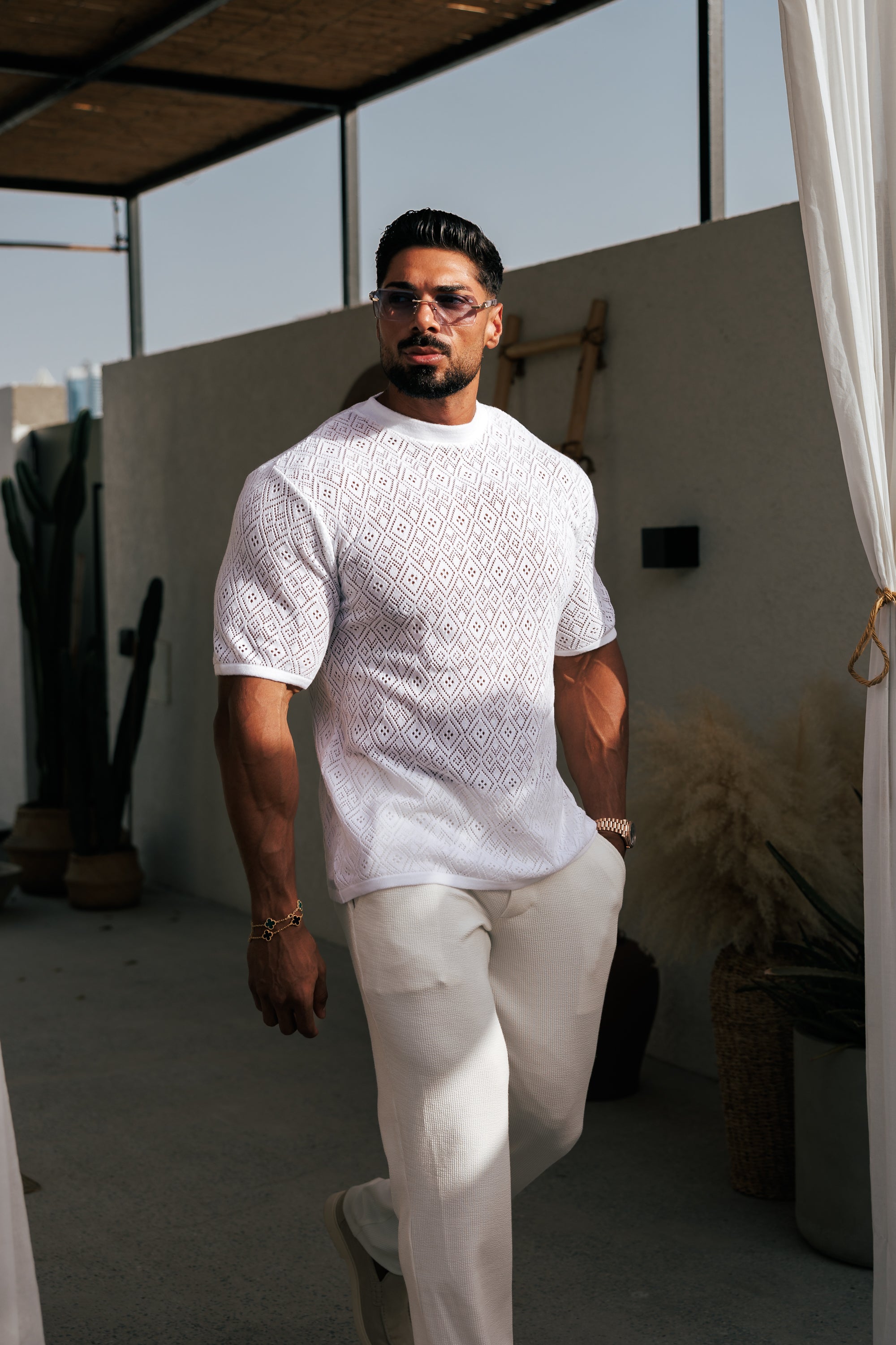 Crochet Crew T-Shirt White Short Sleeve - FSJ086