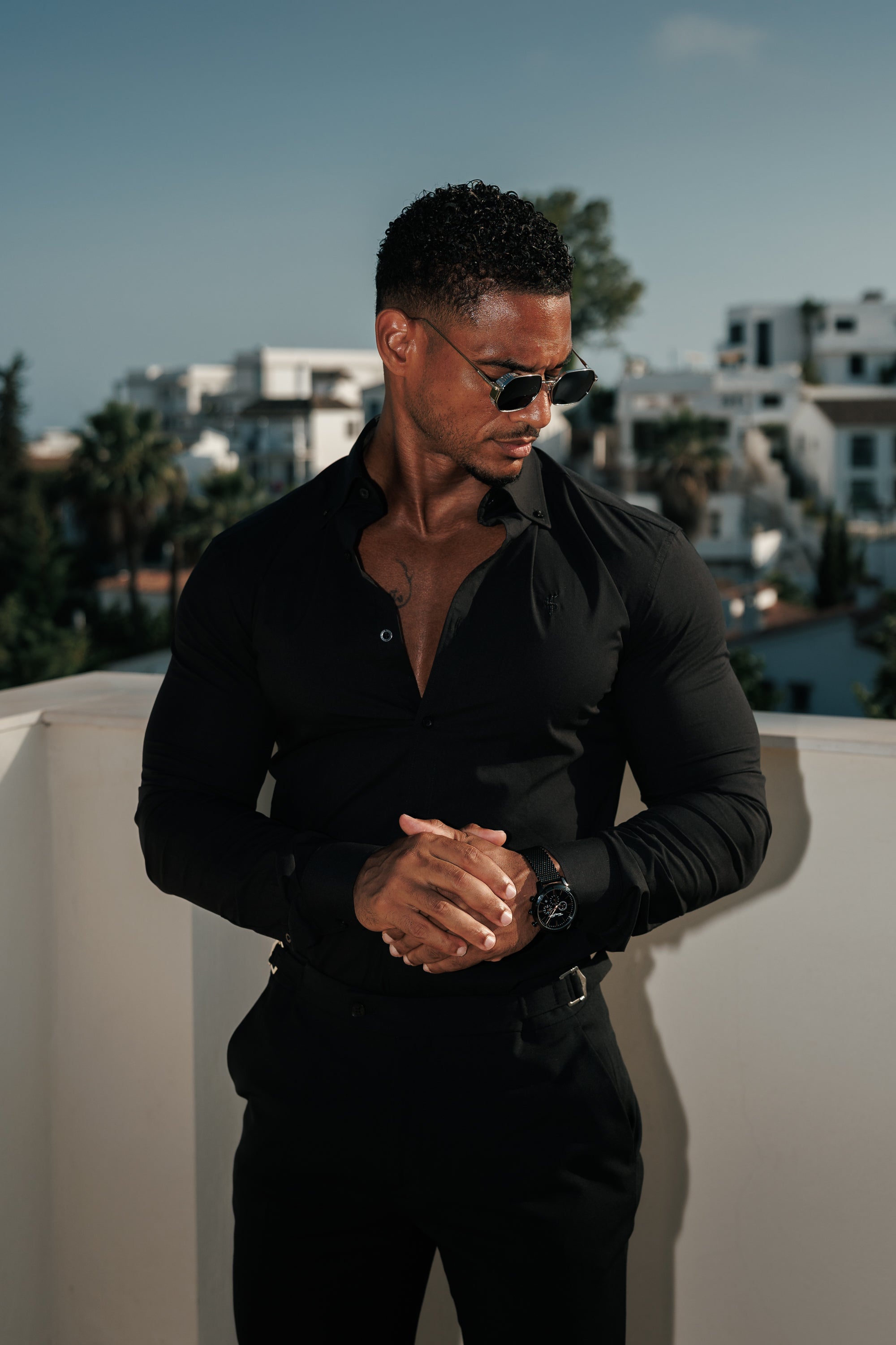 Muscle Fit Advanced Stretch Black 7.7 cm Buttondown Collar Shirt fs1243