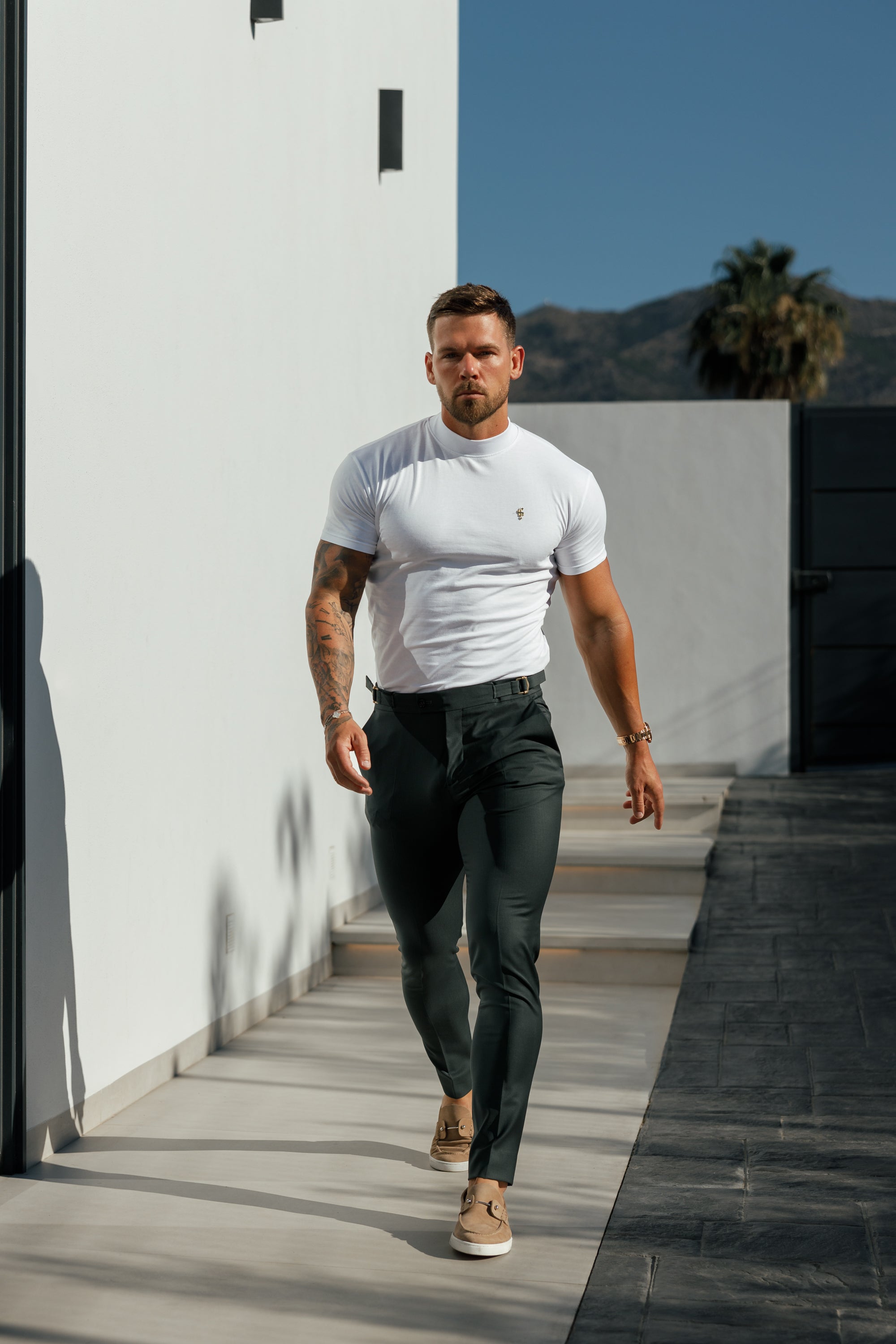 Ribbed High Neck Crew Short Sleeve White / Gold  - FSH1006