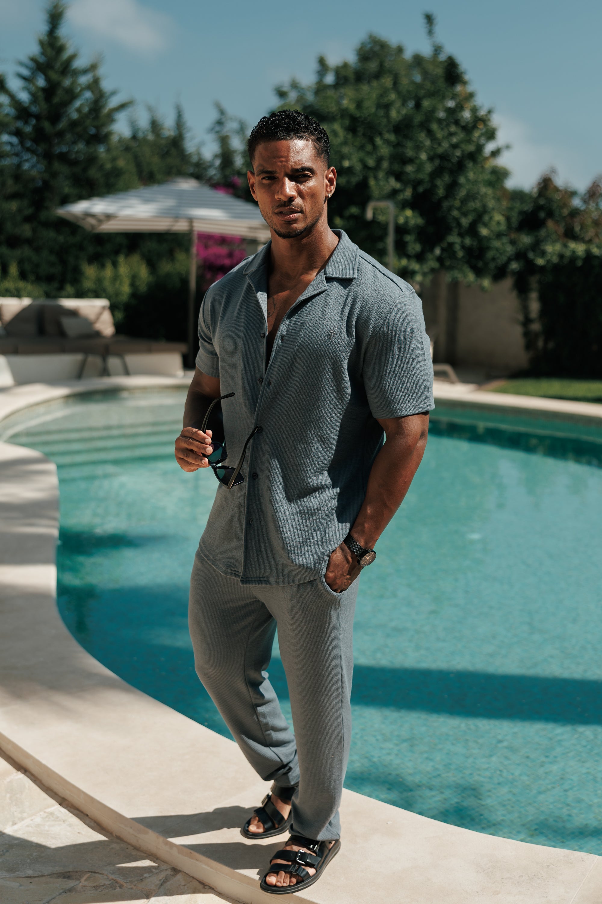 Jersey Cord Stretch Gunmetal Revere Shirt Short Sleeve - FSR076