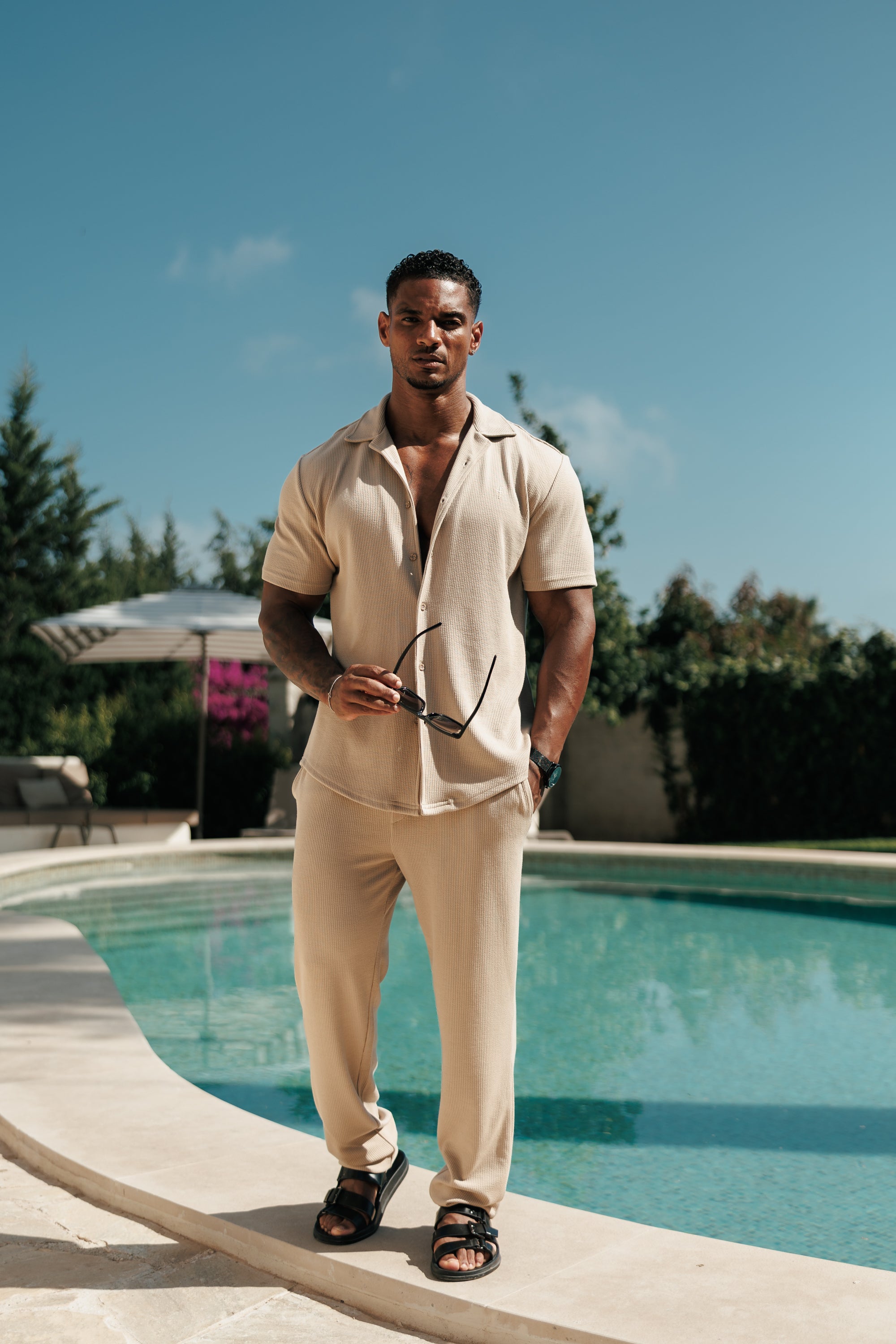 Jersey Cord Stretch Beige Revere Shirt Short Sleeve - FSR073