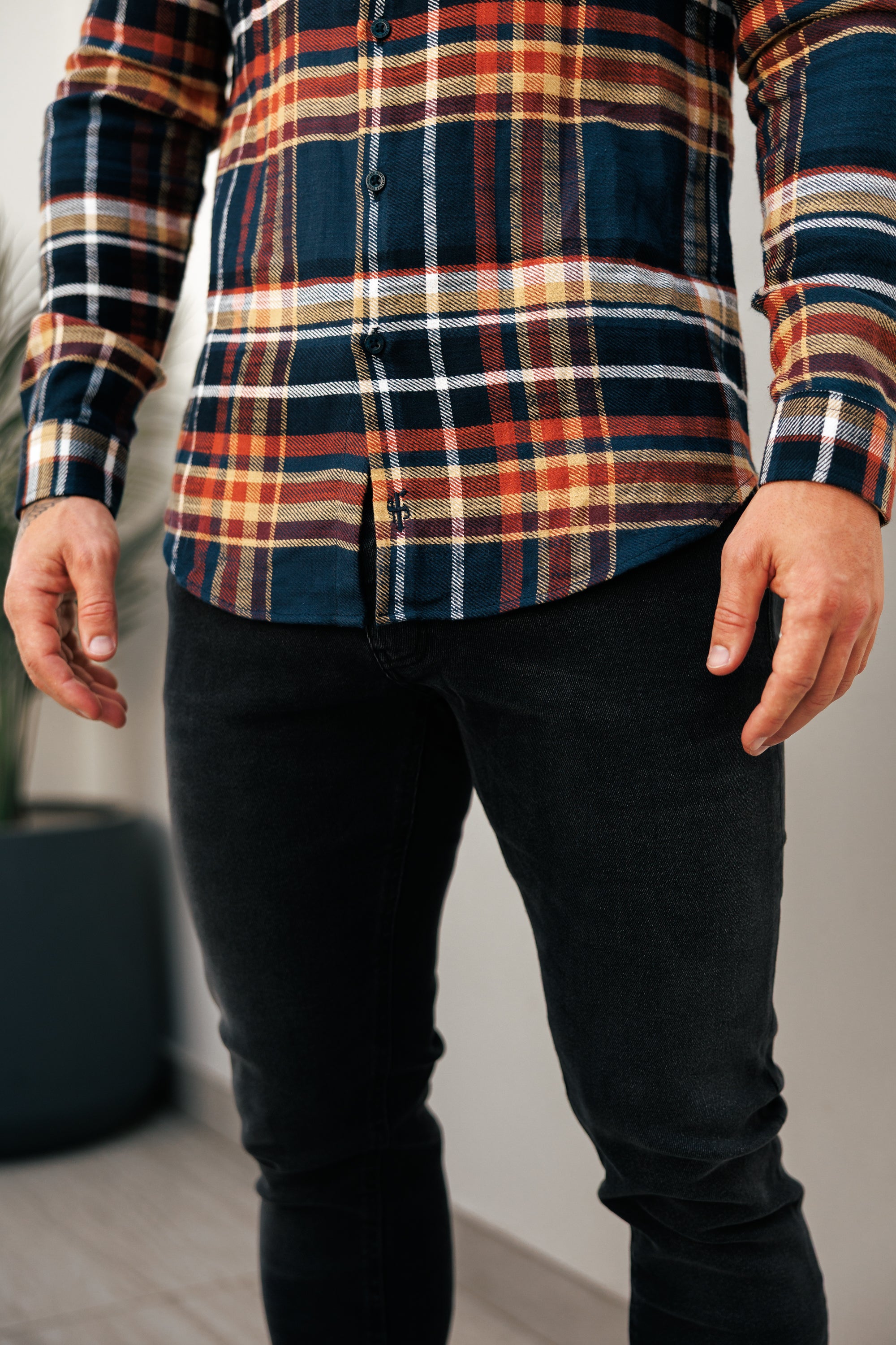 Navy / Tan Check Shacket With Double Pockets - FS1197