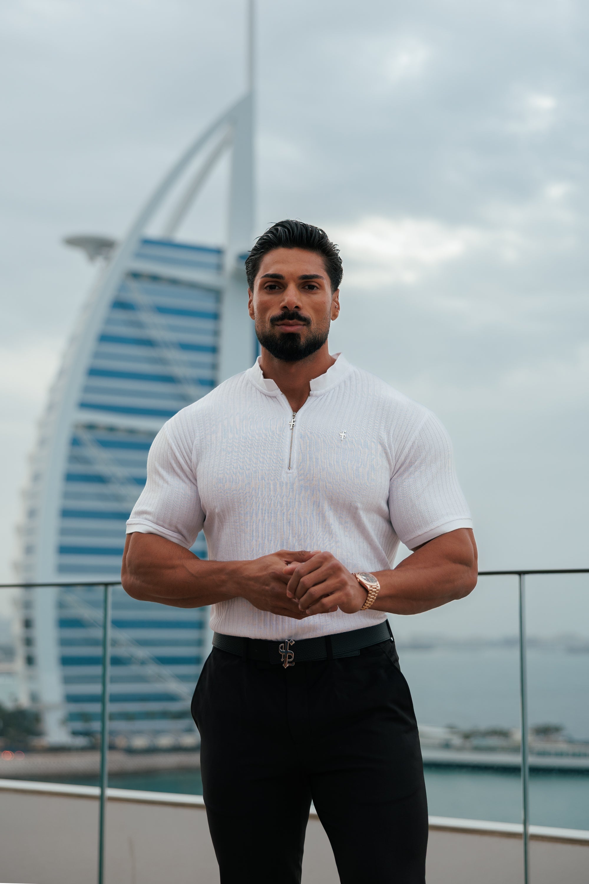 Classic White / Silver  Ribbed Zip Grandad Collar Shirt Short Sleeve - FSH1447