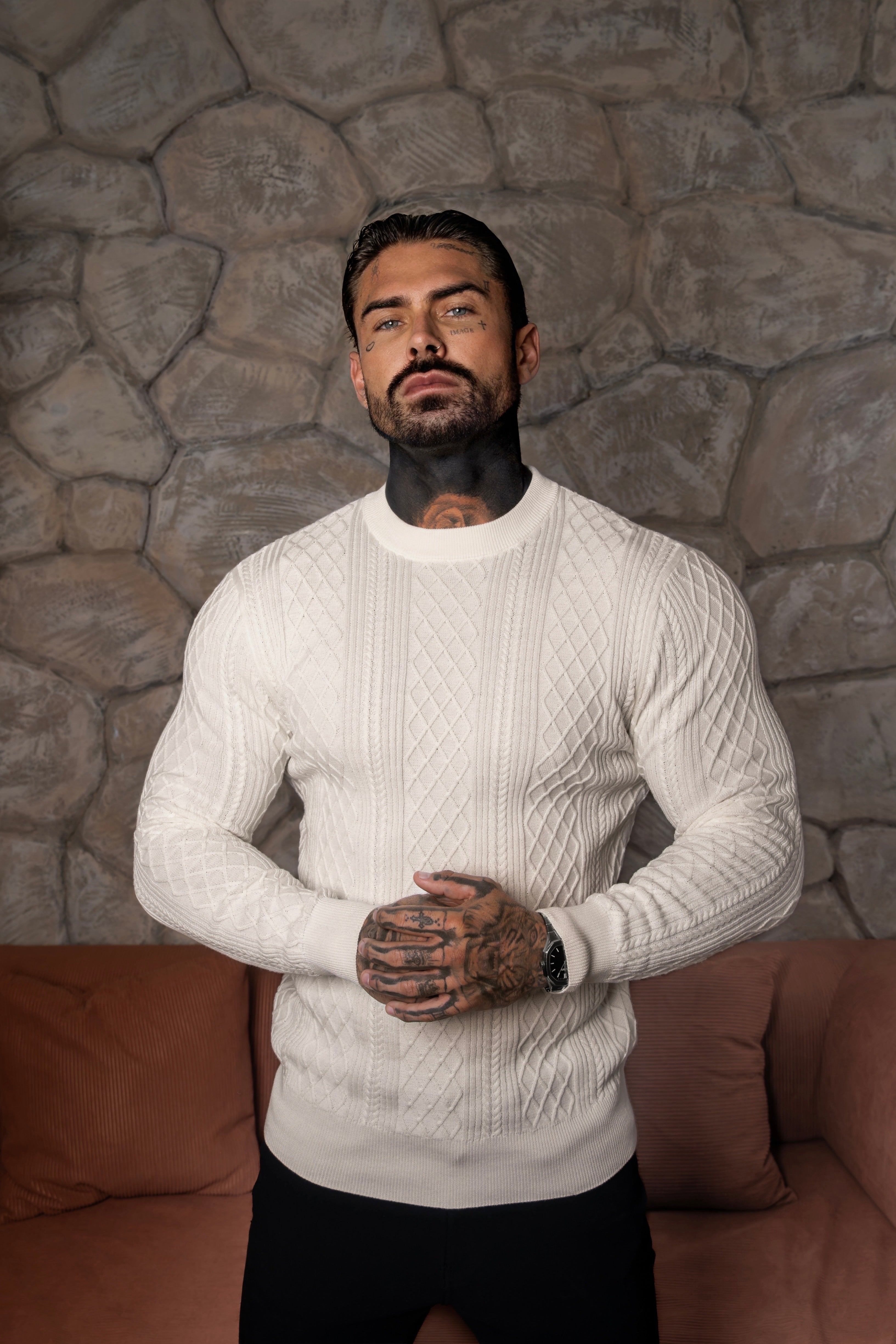 Fine Knit Diamond Off White Jumper Long Sleeve  -  FSA005