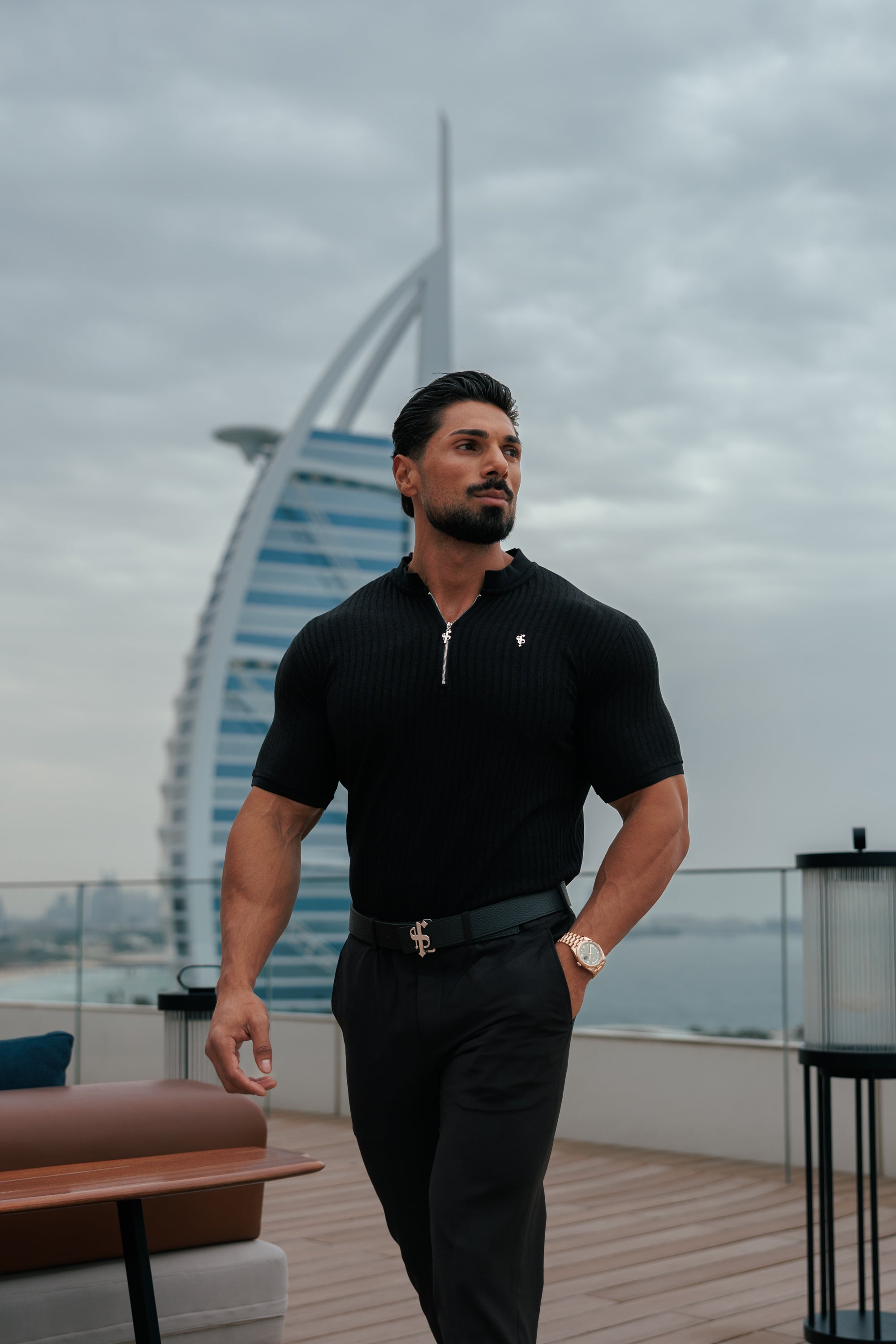 Super Slim Black / Silver  Ribbed Zip Grandad Collar Shirt Short Sleeve - FSH1445